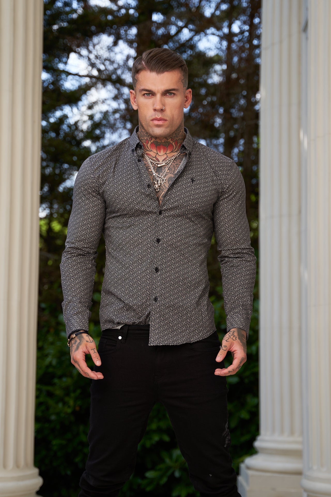 Super Slim Stretch Black and Off White Abstract Print Long Sleeve with Button Down Collar - FS786