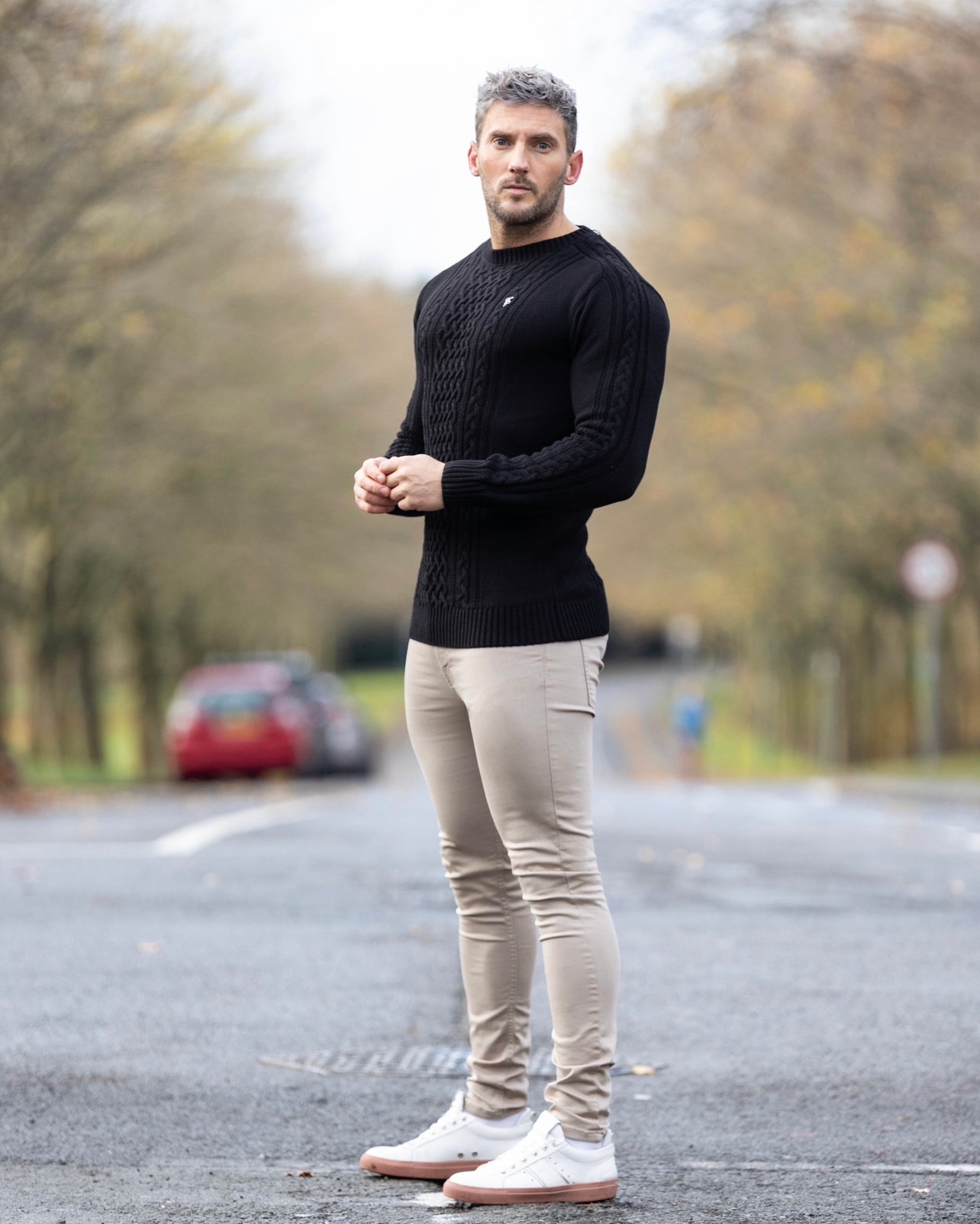 Black Knitted Cable Saddle Crew Super Slim Jumper With Metal Decal - FSN073