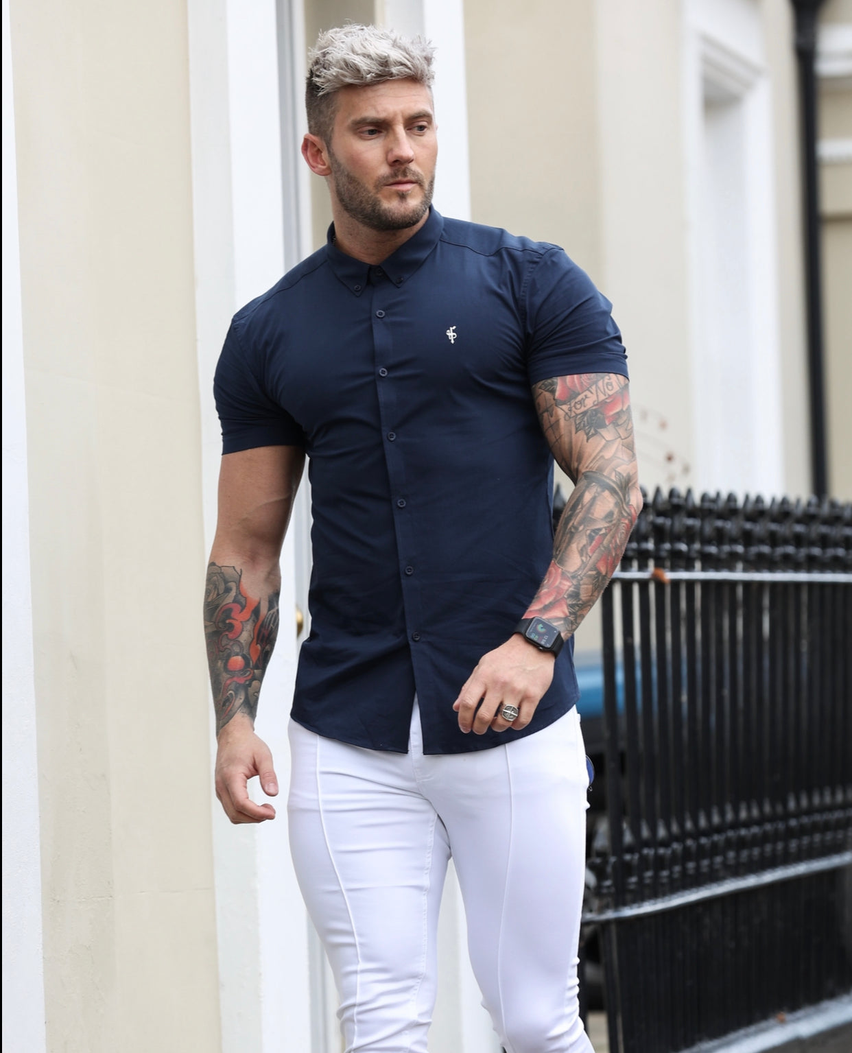 Super Slim Stretch Classic Navy Short Sleeve With Button Down Collar - FS816