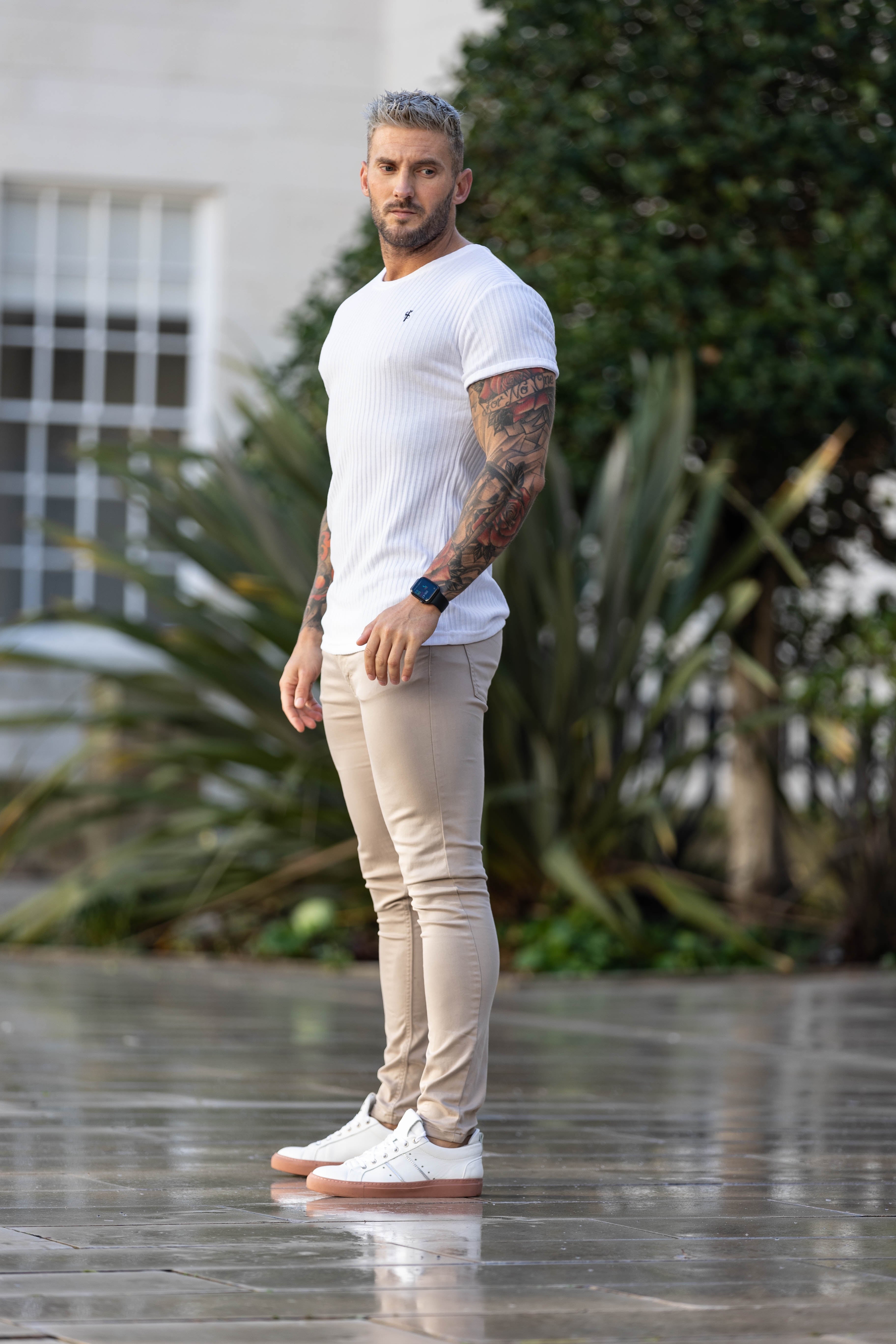 Classic White / Black Ribbed Knit Super Slim Short Sleeve Crew - FSH765