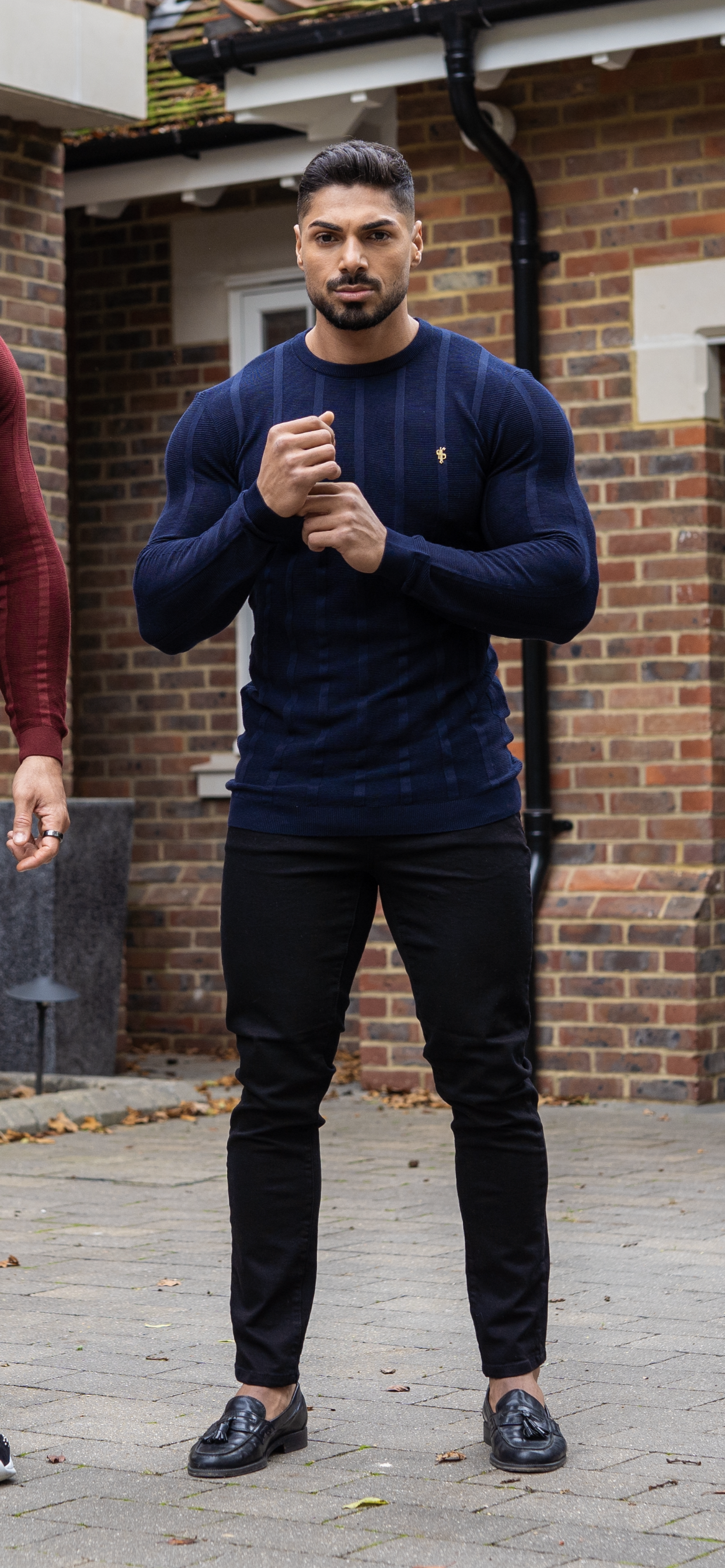 Classic Long Sleeve Navy Knitted Wide Rib Crew with Gold Emblem - FSH605
