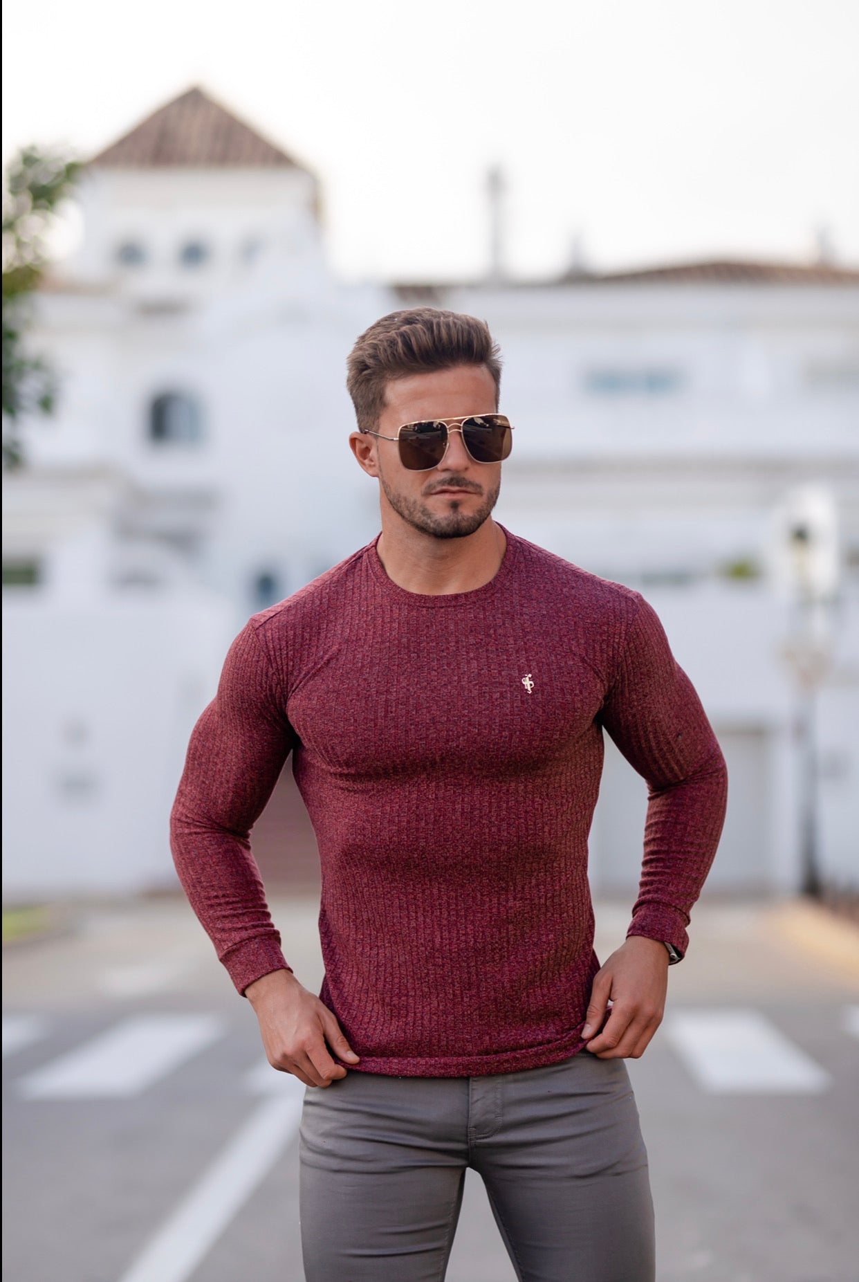 Classic Claret Ribbed Knit Jumper With Gold Metal Emblem - FSH538