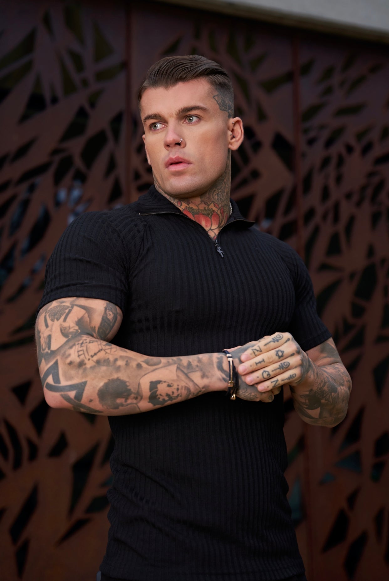 Classic Black Ribbed Zip Funnel Neck Raglan Short Sleeve Crew - FSH729