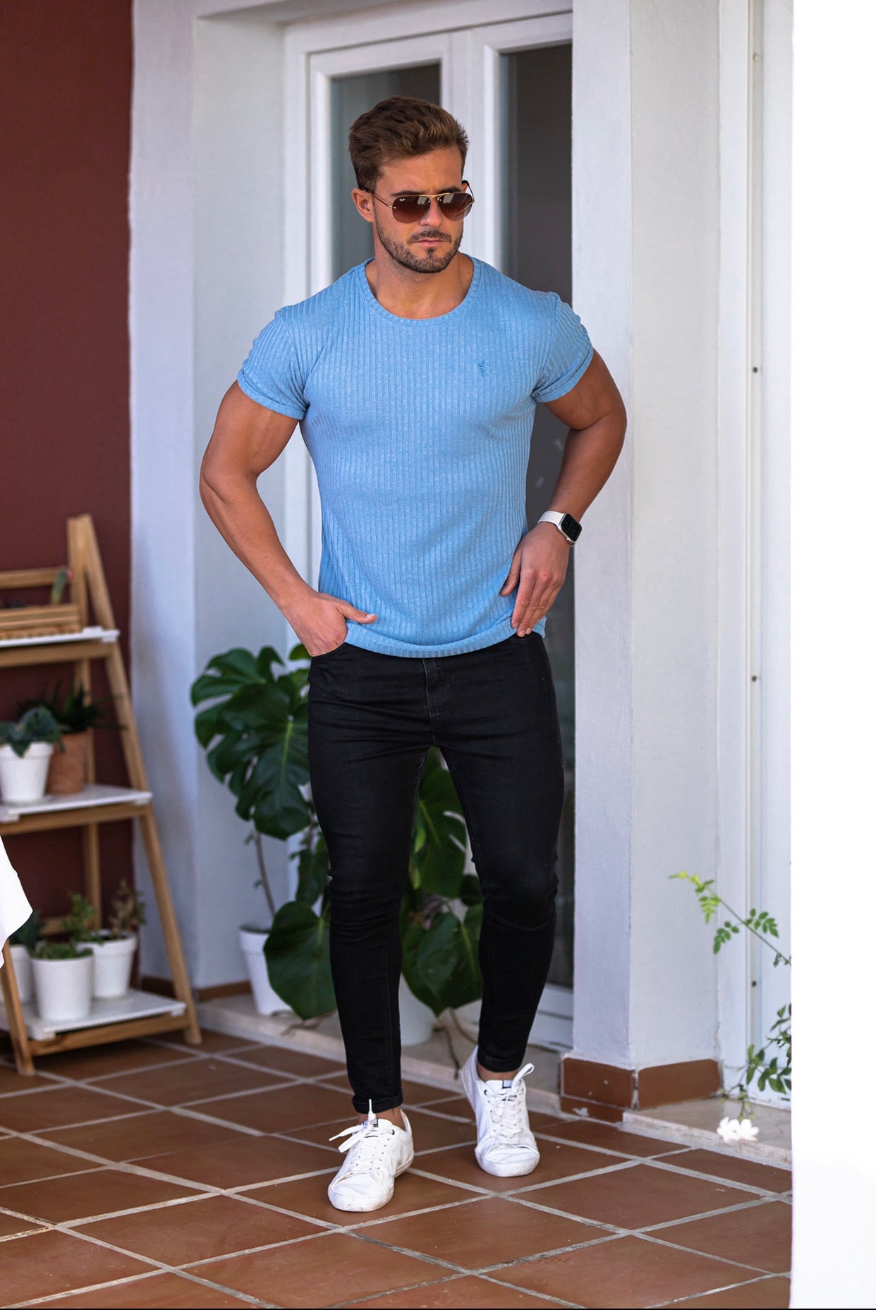 Classic Baby Blue Ribbed Knit Super Slim Short Sleeve Crew - FSH593