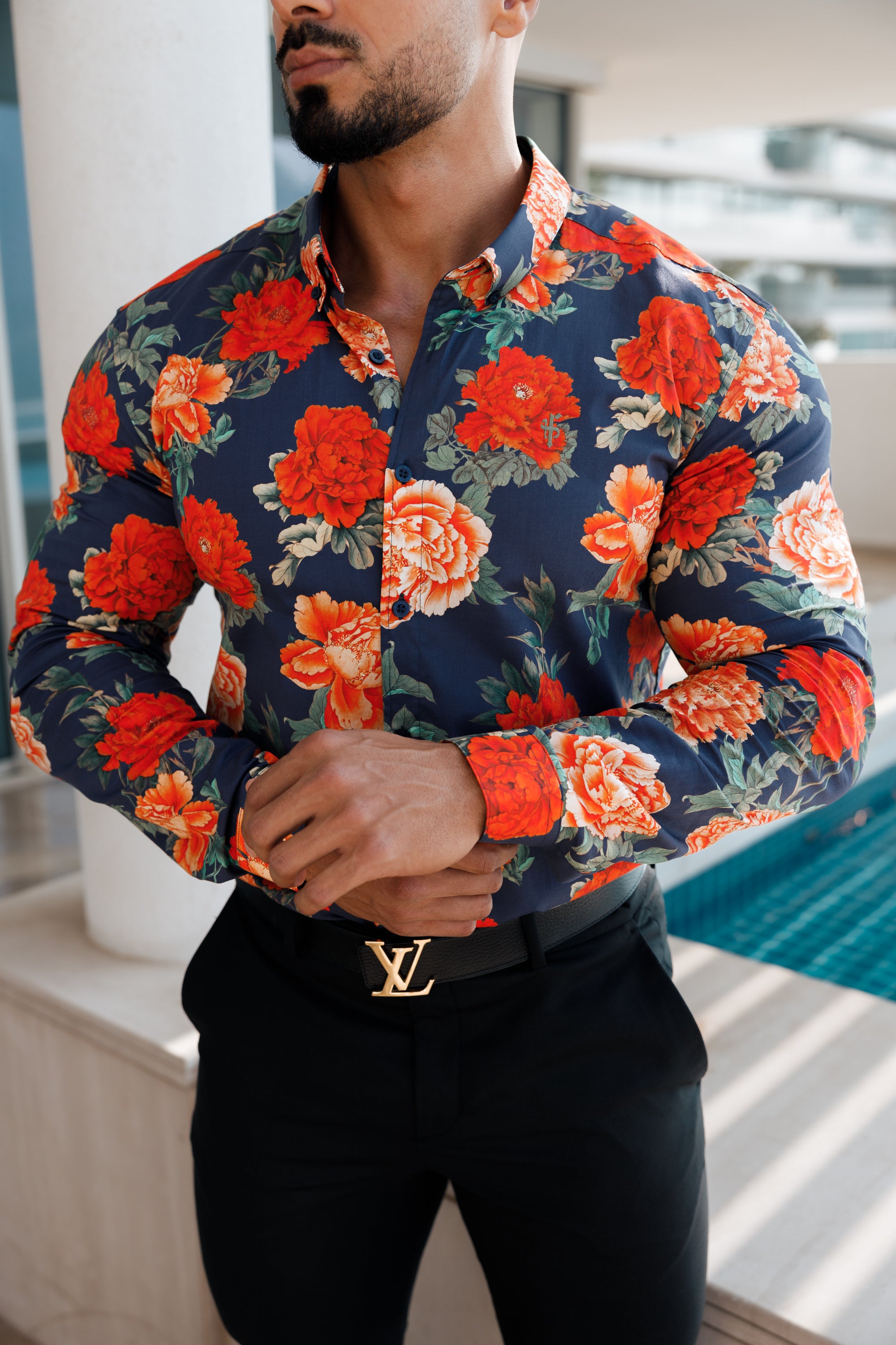 Super Slim Stretch Navy and Red Floral Print Long Sleeve with Button Down Collar - FS840