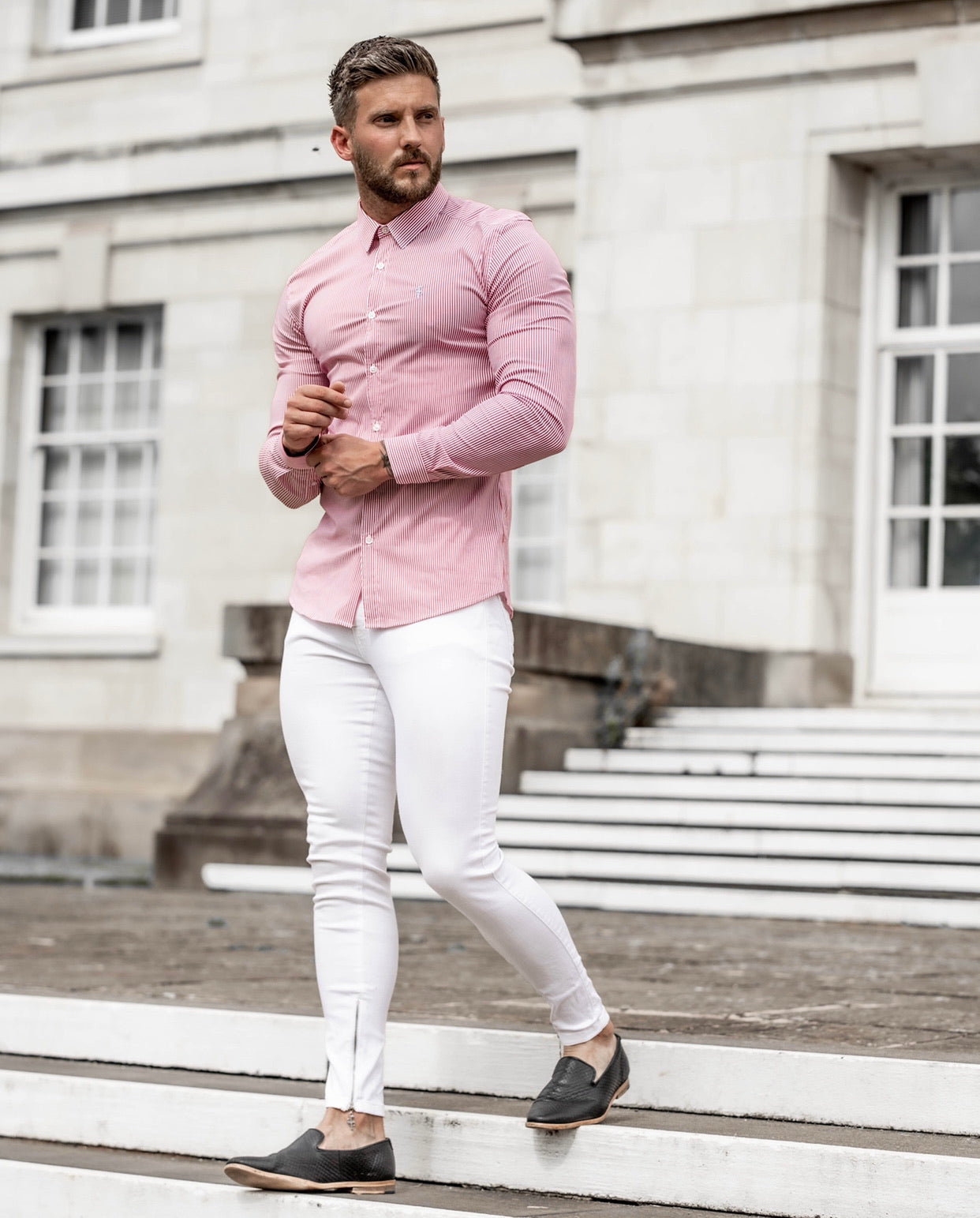 Super Slim Stretch Narrow Red & White Stripe (Blue Emblem) - FS682