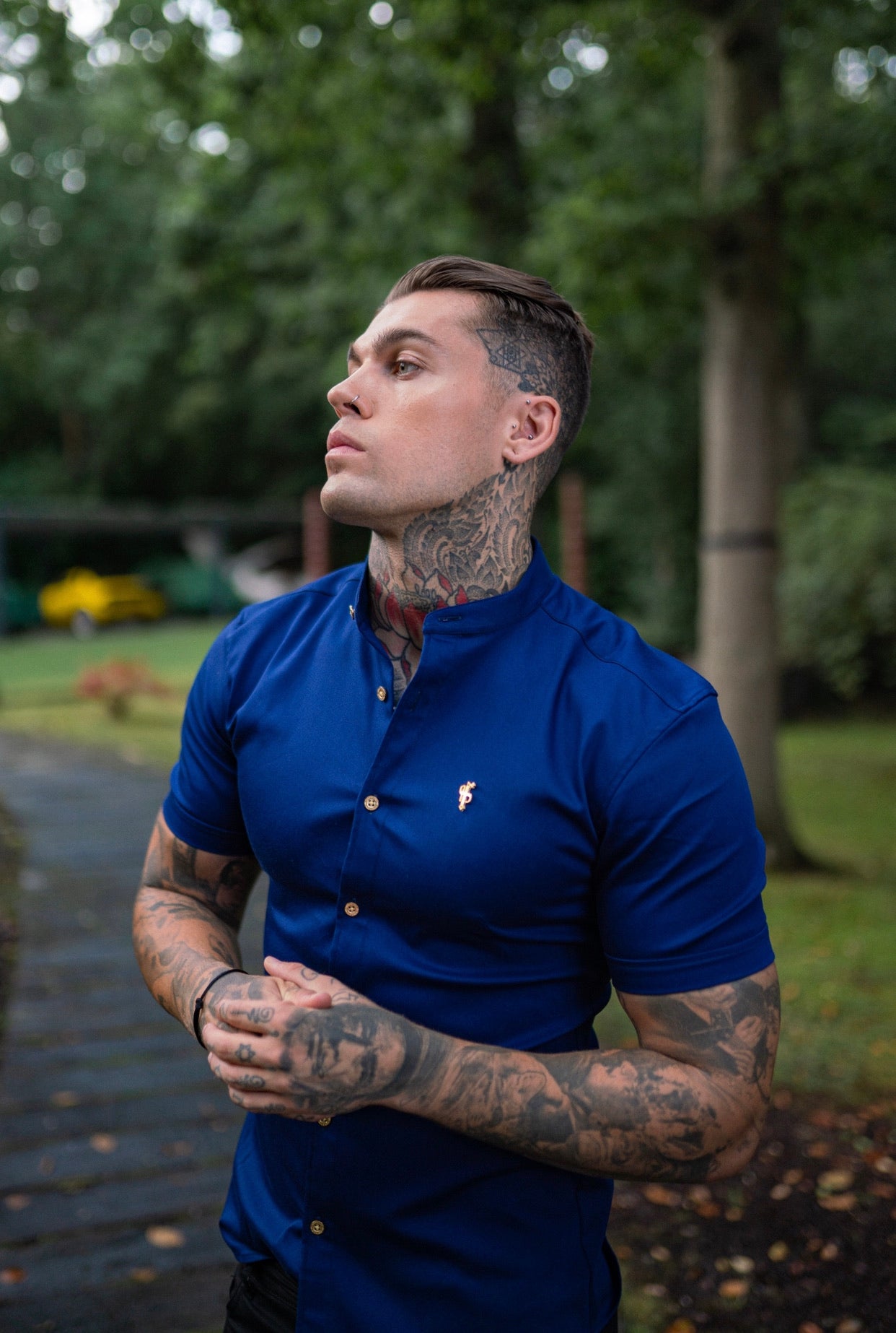 Super Slim Stretch Navy Denim Short Sleeve Grandad collar with Metal Buttons and Decal Emblem - FS714