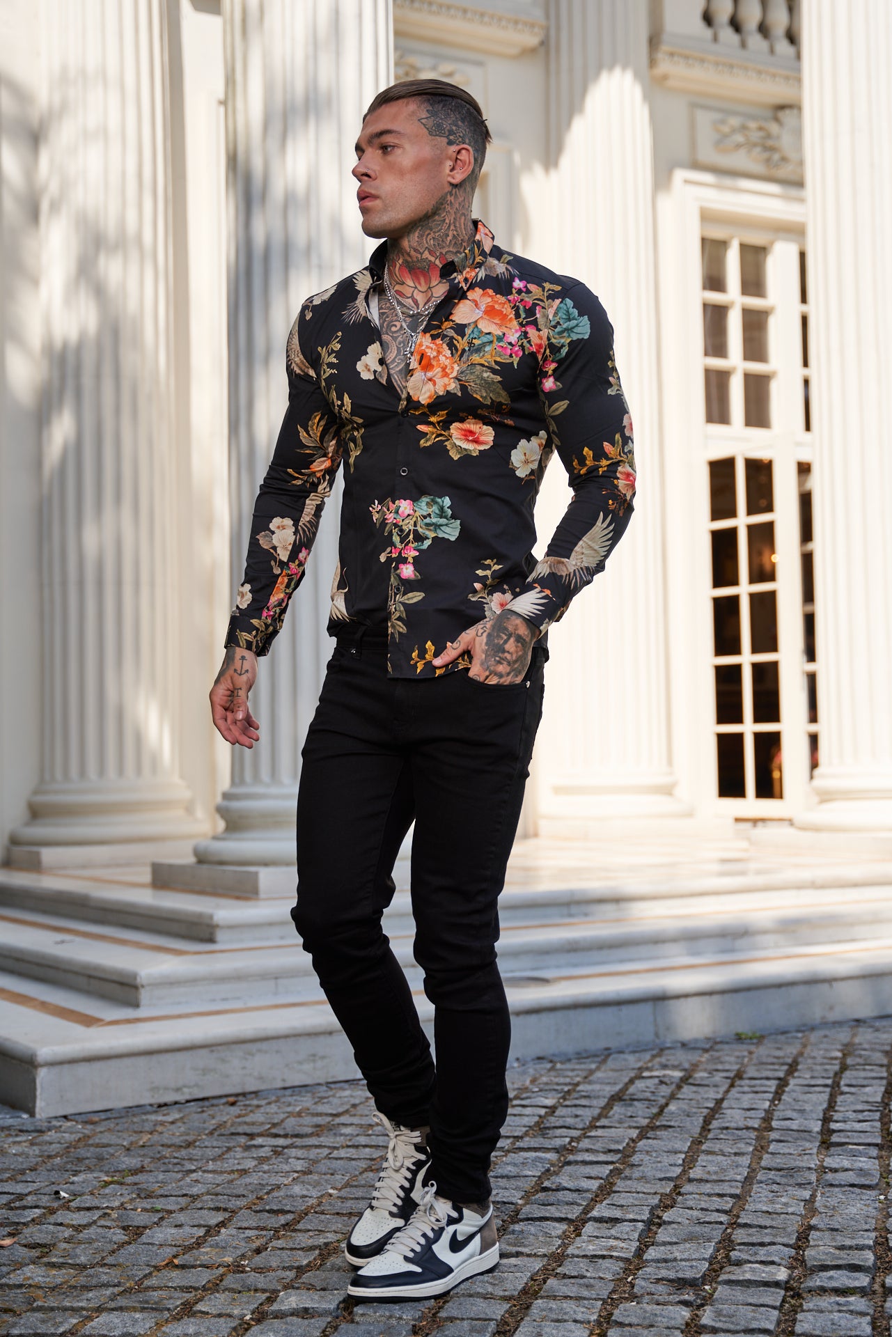 Super Slim Stretch Black Crane Print Long Sleeve with Button Down Collar - FS772