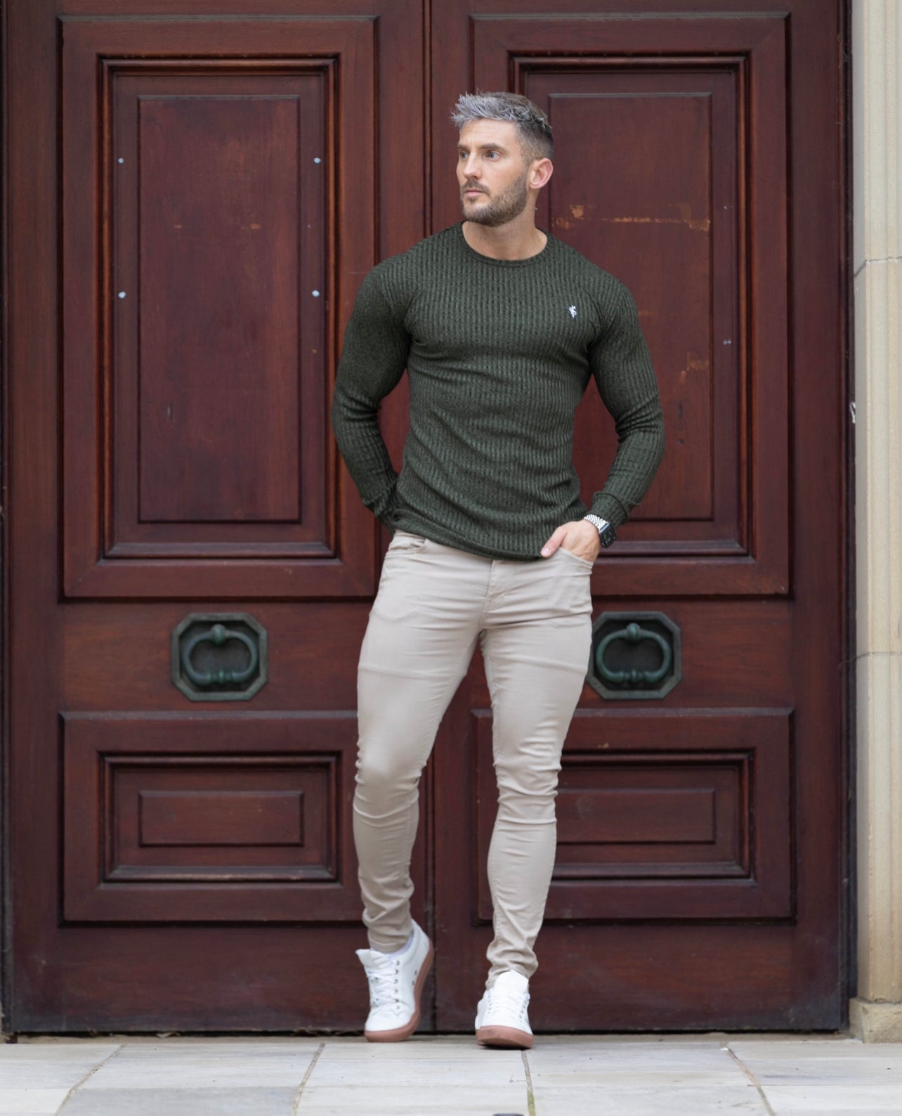 Classic Khaki / White Ribbed Knit Jumper - FSH769
