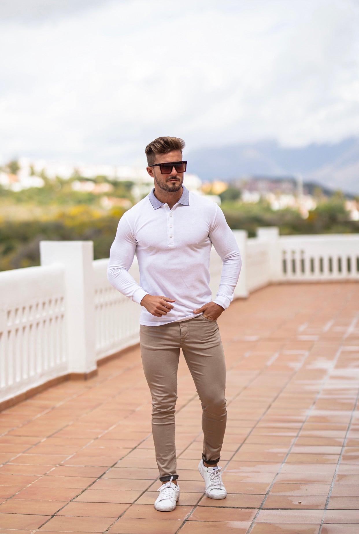 Classic White Honeycomb Textured Polo Shirt with Contrast Collar Long Sleeve - FSH423