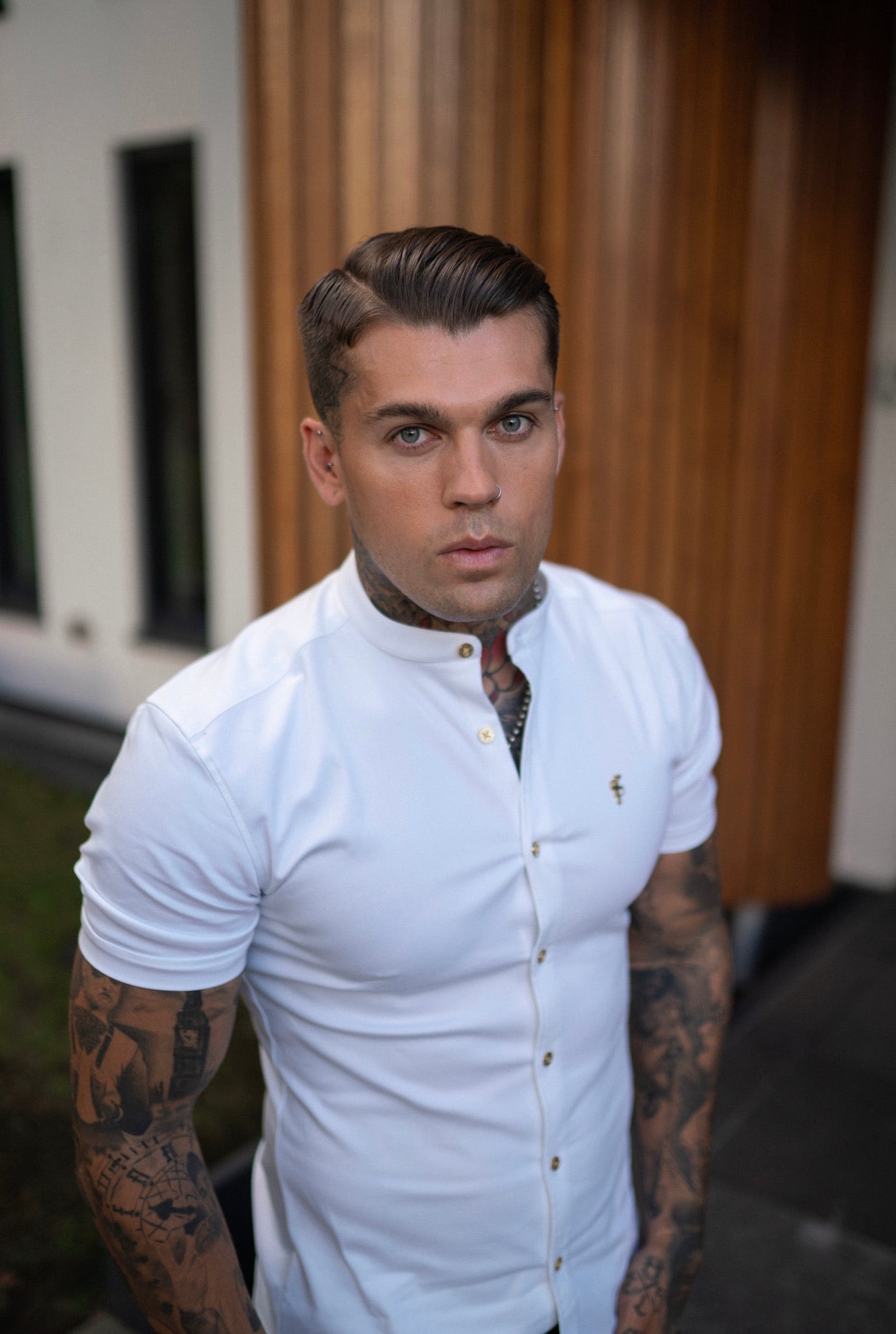 Super Slim Stretch White Denim Short Sleeve Grandad collar with Metal Buttons and Decal Emblem - FS720
