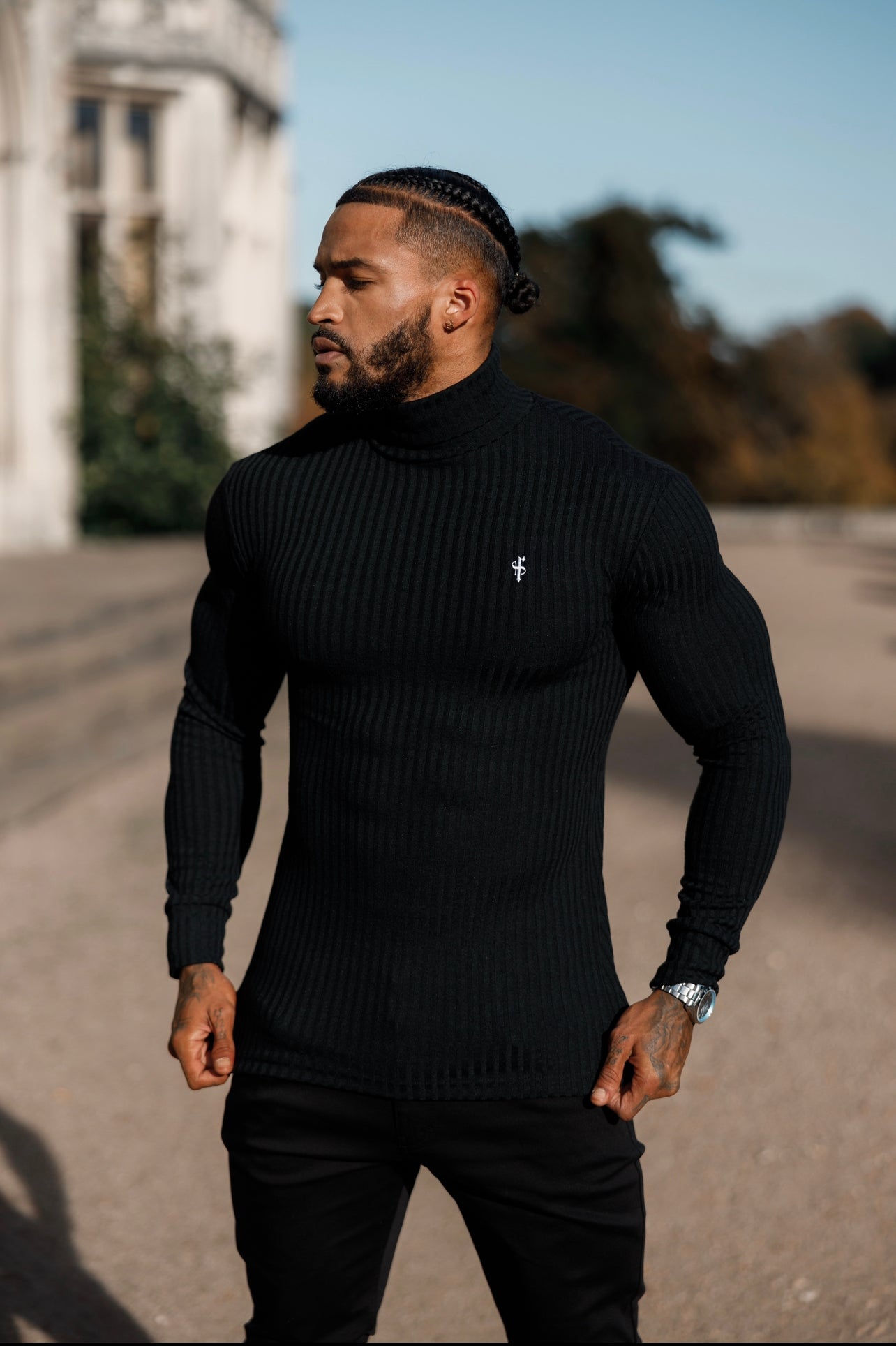 Classic Black / White Ribbed Knit Roll Neck Jumper - FSH776