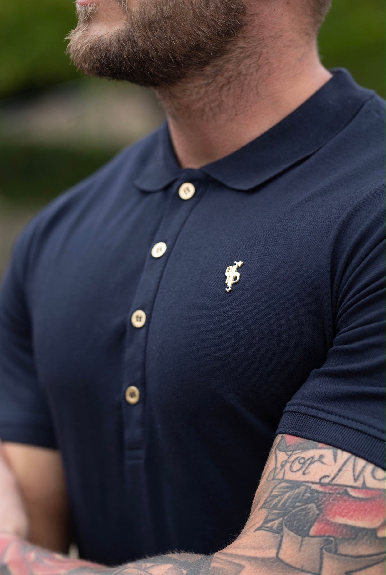 Classic Navy Polo Shirt with Gold Metal Emblem Decal & Buttons - FSH462