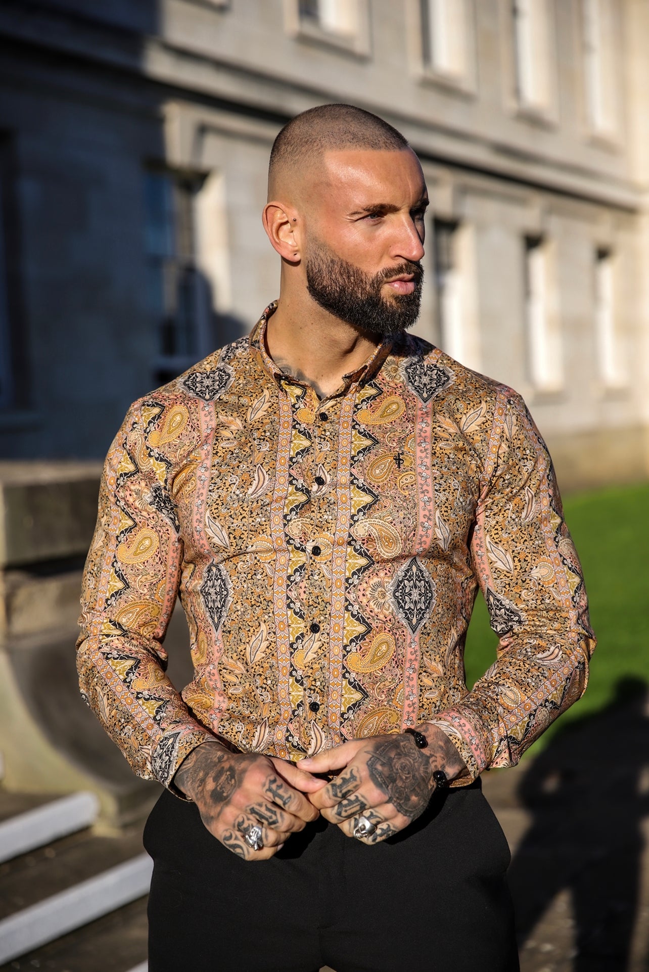 Super Slim Stretch Tan Paisley Print Long Sleeve with Button Down Collar - FS892