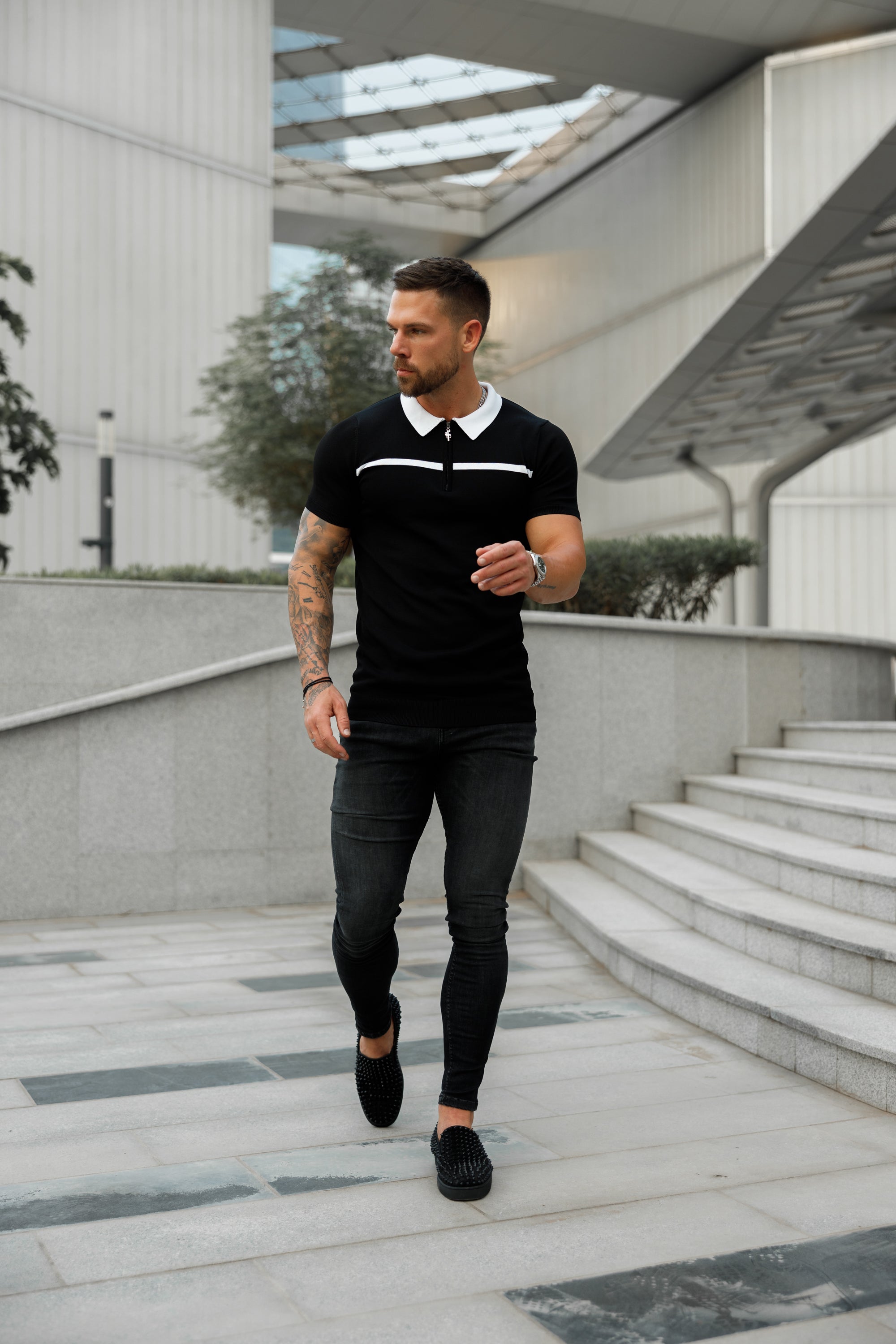 Classic Black / White Horizontal Stripe Zipped Polo Short Sleeve - FSN038