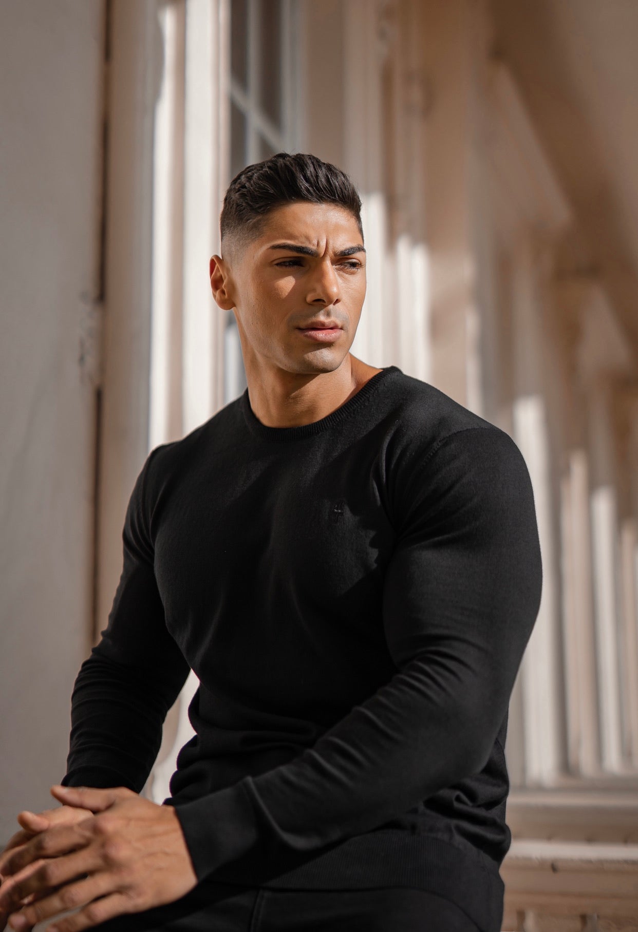 Classic Black Crew Neck Knitted Jumper (Black Emblem) - FSH364