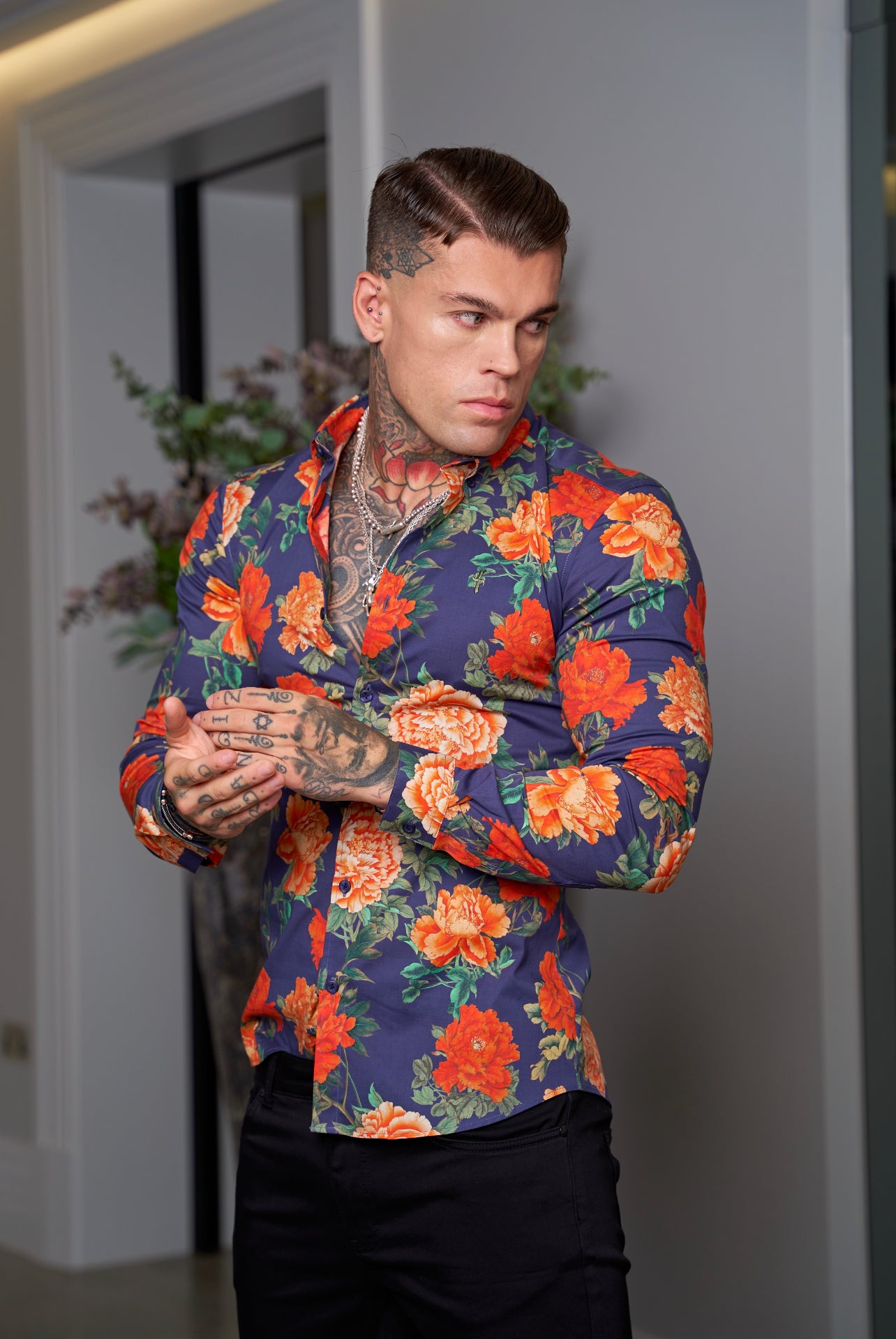 Super Slim Stretch Navy and Red Floral Print Long Sleeve with Button Down Collar - FS840