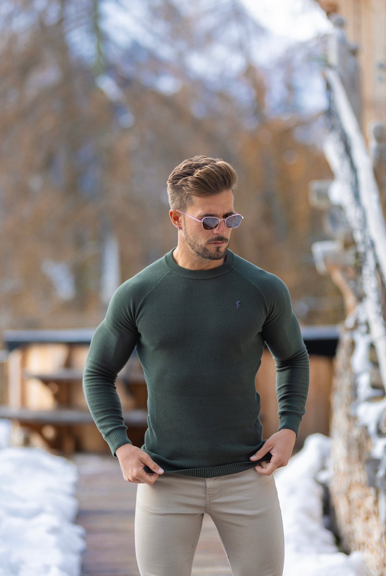 Khaki Knitted Honeycomb Raglan Crew Super Slim Jumper With Metal Decal - FSN064