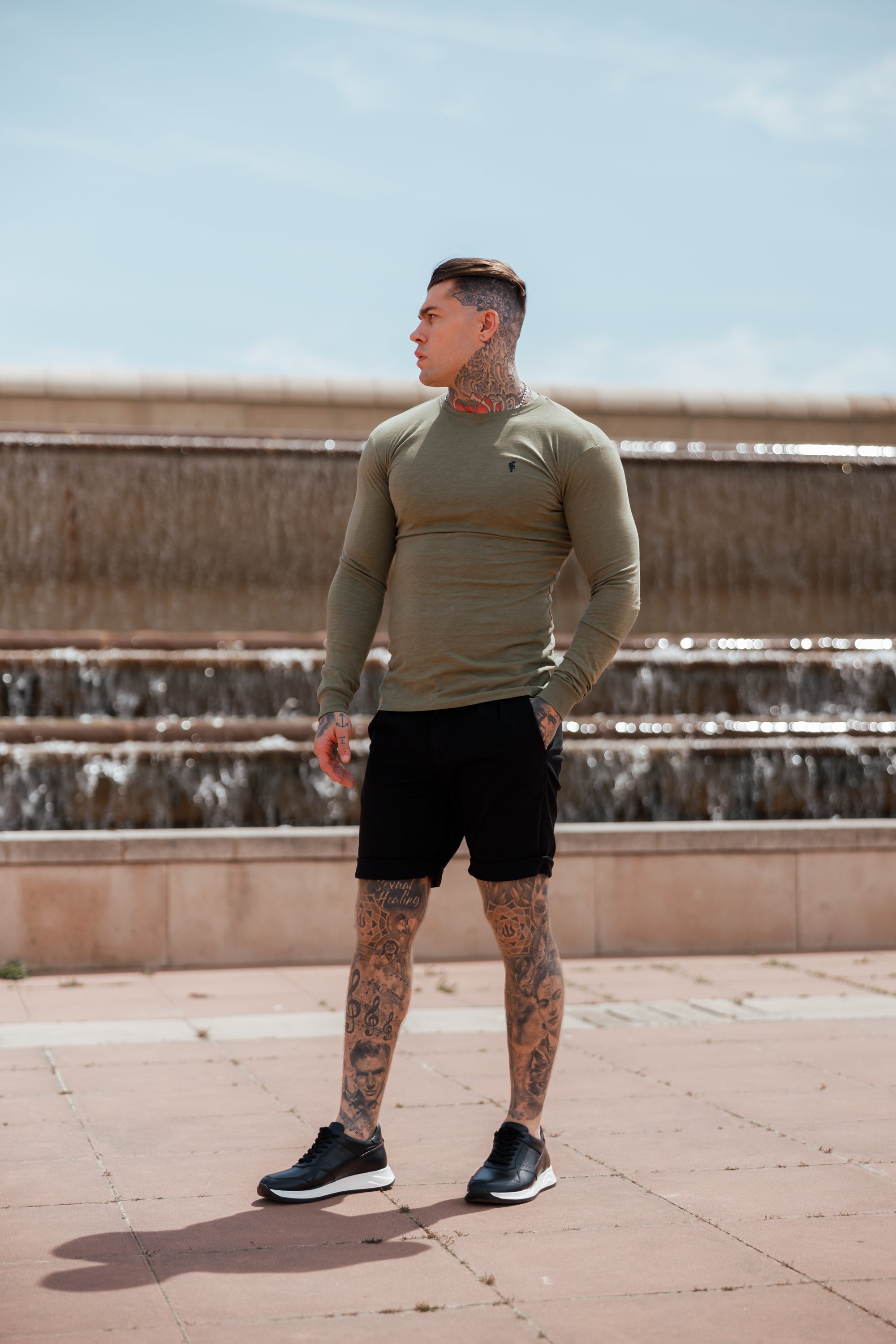 Khaki Slub Crew Long Sleeve With Cuff - FSH728