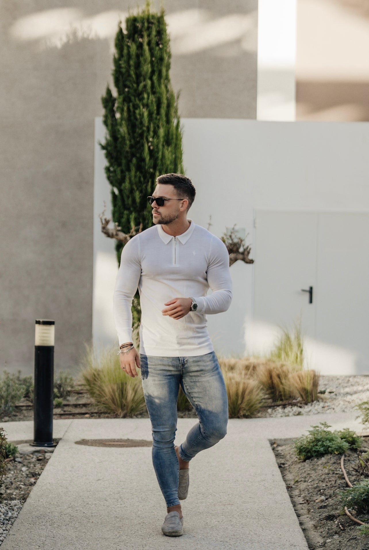 Classic White Merino Wool Knitted Zip Polo Long Sleeve Jumper With FS Embroidery- FSN019