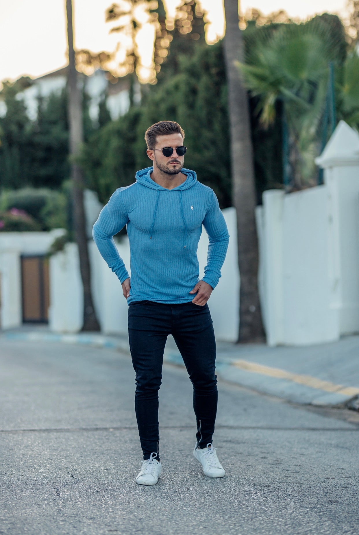 Classic Baby Blue Ribbed Knit Hoodie Jumper With Silver Emblem - FSH595