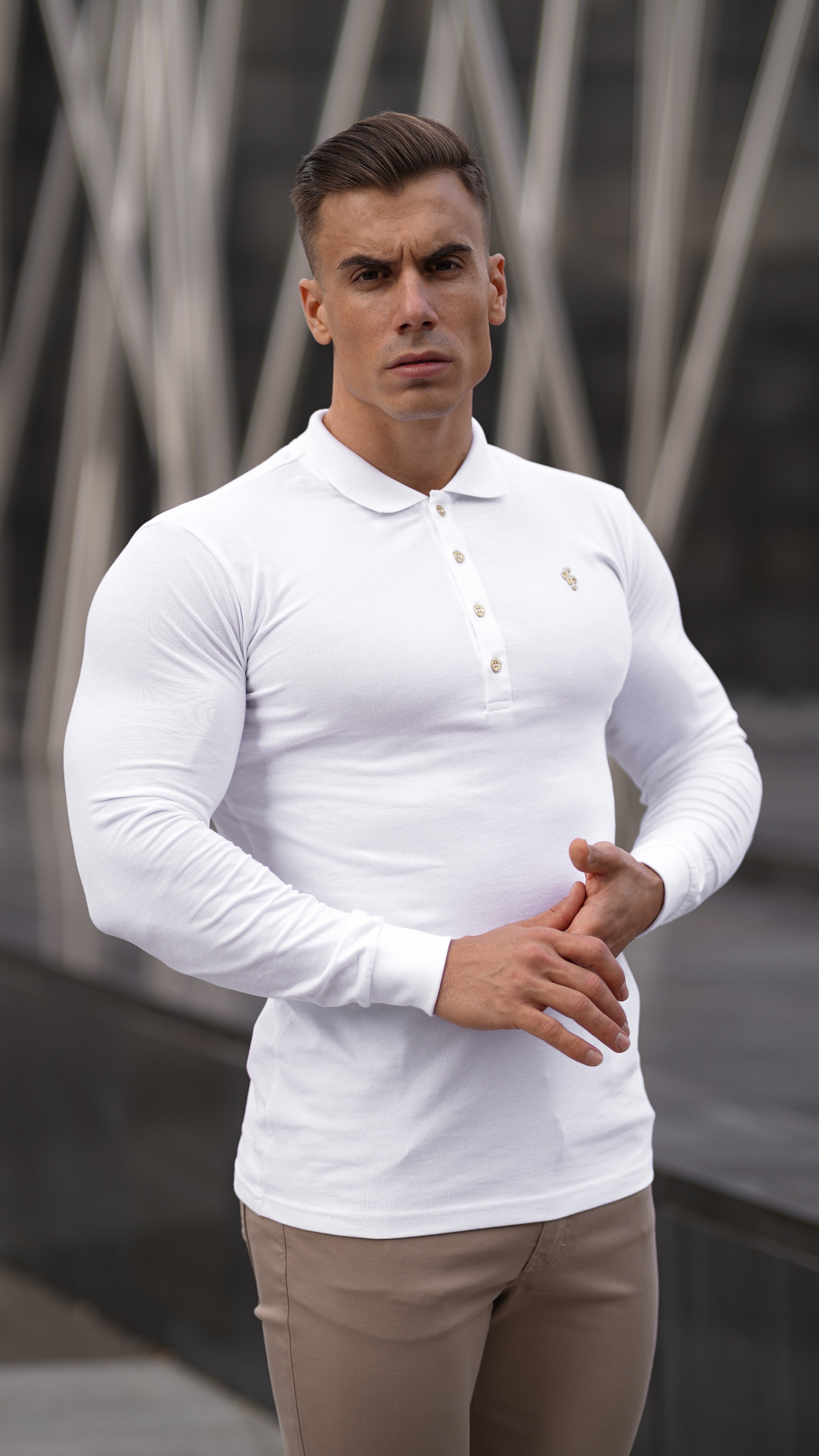 Classic White Long Sleeve Polo Shirt with Gold Metal Emblem Decal & Buttons - FSH515