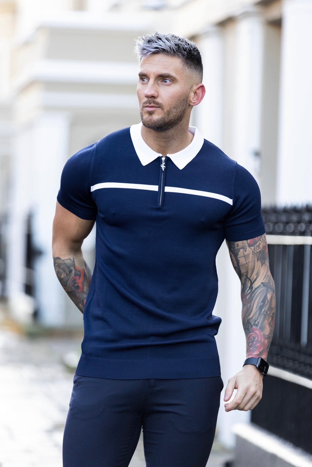 Classic Navy / White Horizontal Stripe Zipped Polo Short Sleeve - FSN039