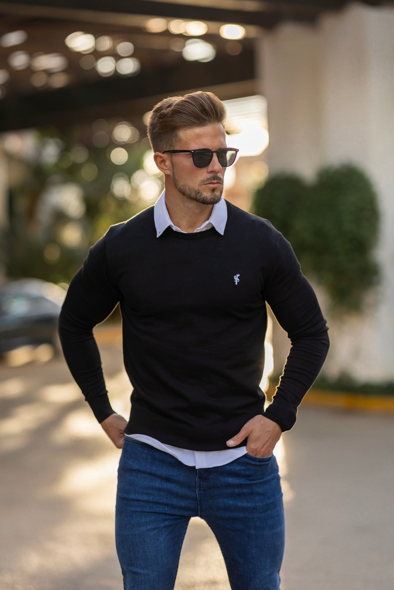 Classic Black Crew Neck Knitted Jumper with White Embroidery - FSN087