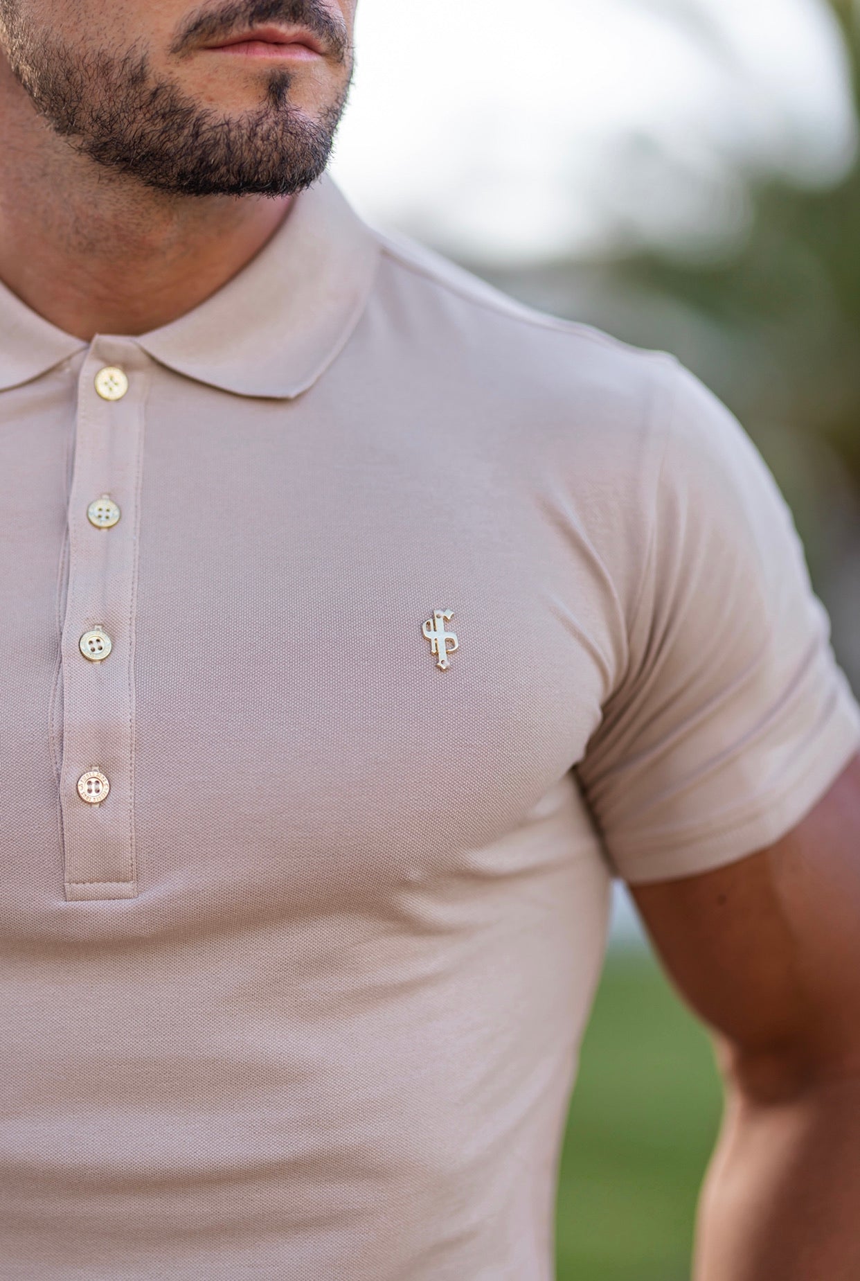 Classic Beige Polo Shirt with Gold Metal Emblem Decal & Buttons - FSH457