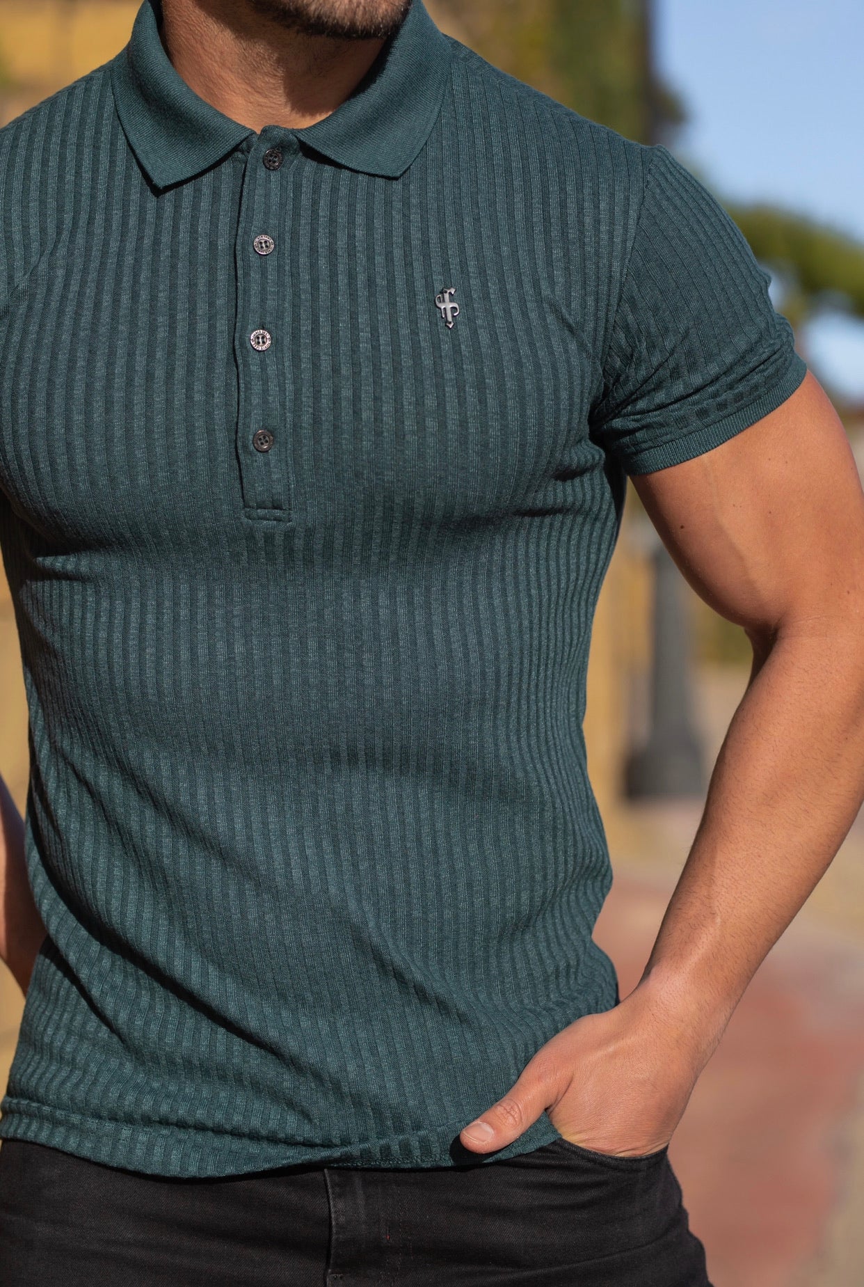 Classic Forest Green Ribbed Polo Shirt Short Sleeve with Black Metal Emblem Decal & Buttons- FSH584