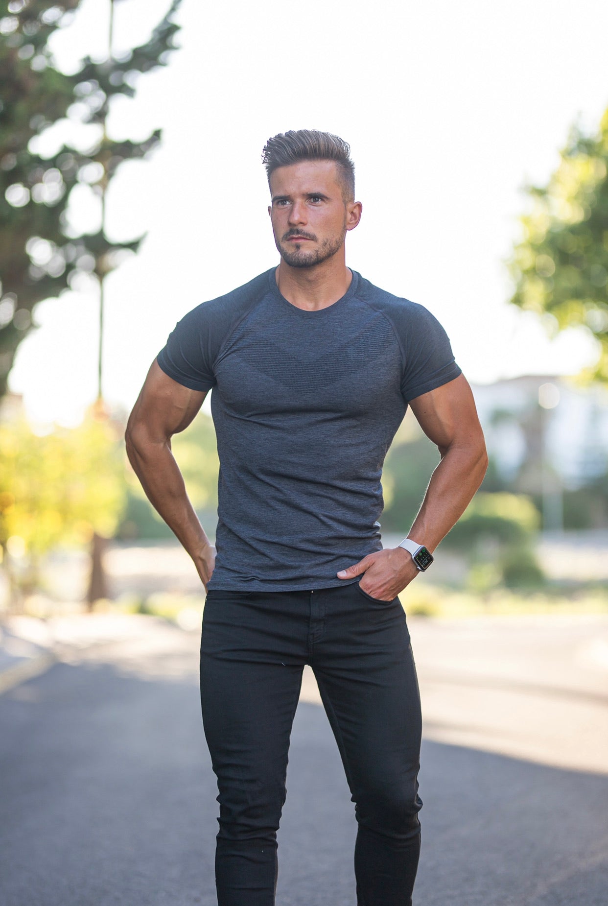 Short sleeve Charcoal crew gym top with Raglan sleeve detail - FSM026