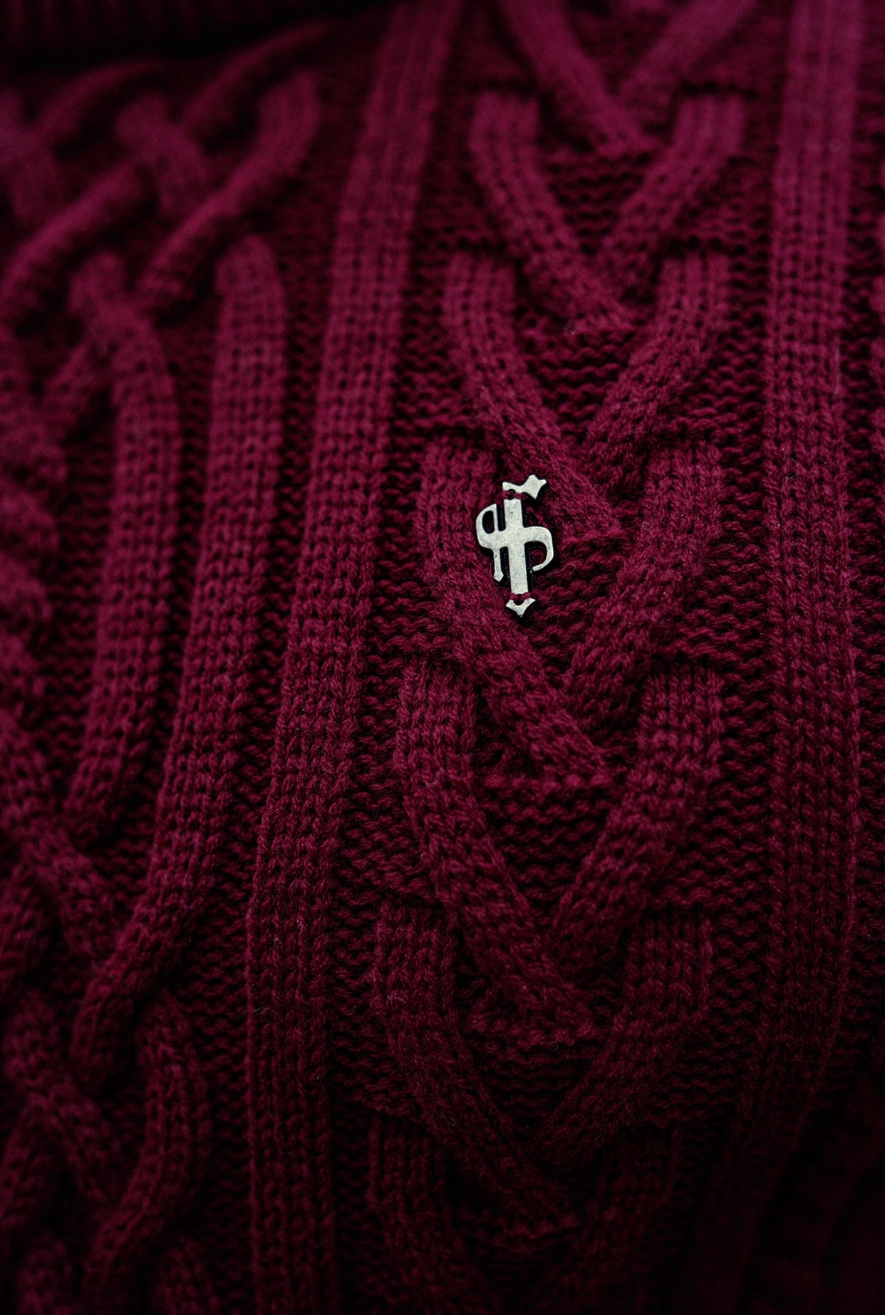 Burgundy Twisted Braid Weave Super Slim Jumper With Gunmetal Decal - FSJ043