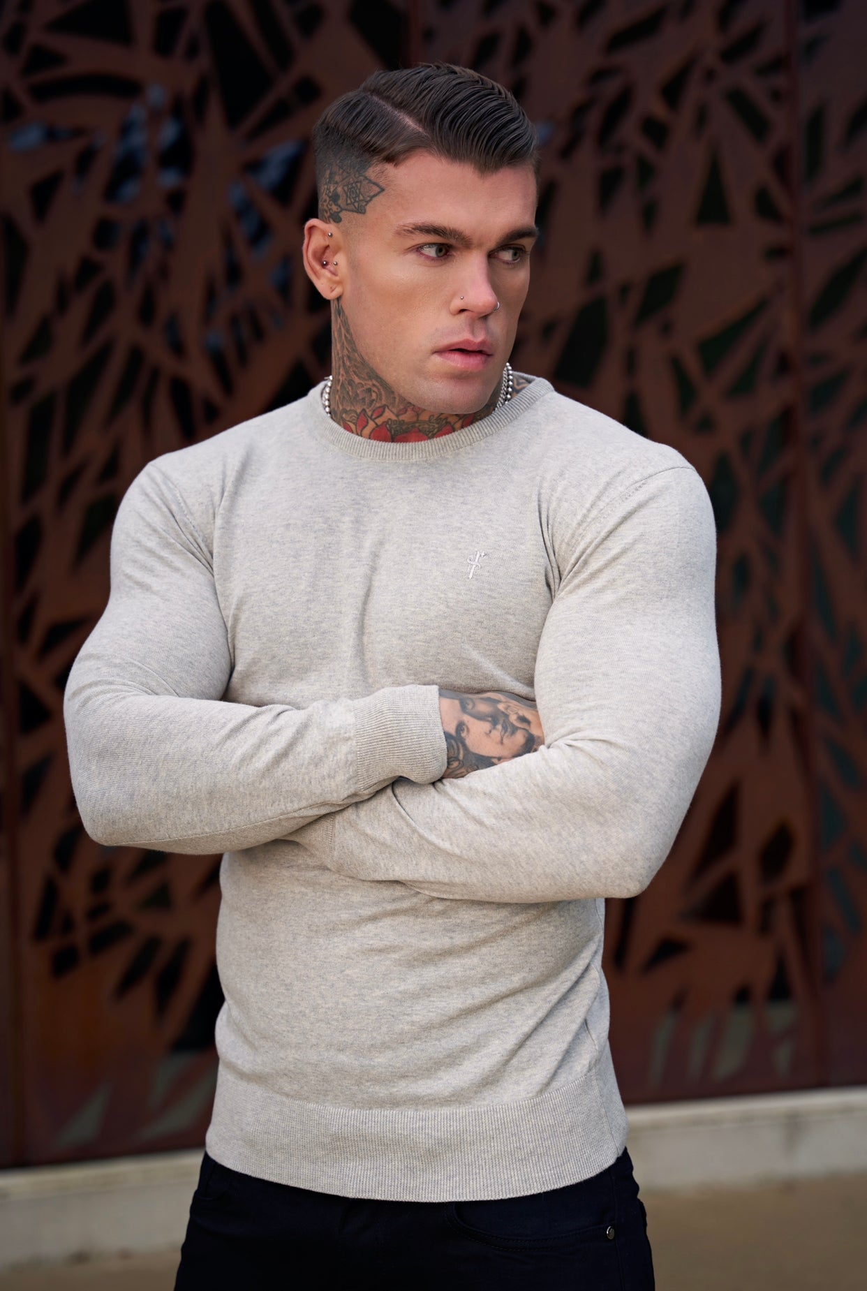 Classic Light Grey Marl Crew Neck Knitted Jumper with Tonal Emblem - FSH674
