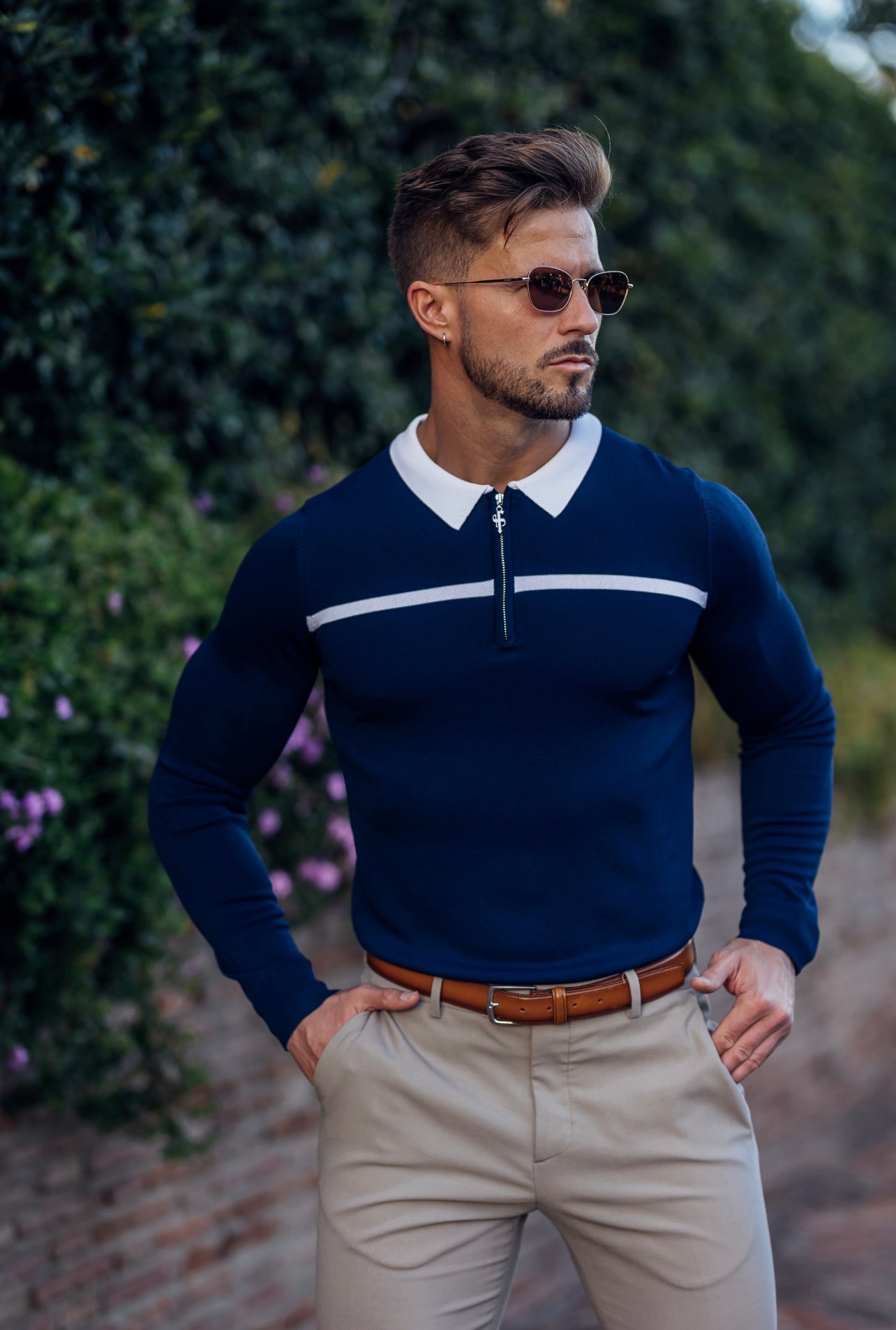 Classic Navy / White Horizontal Stripe Zipped Polo Long Sleeve - FSN048