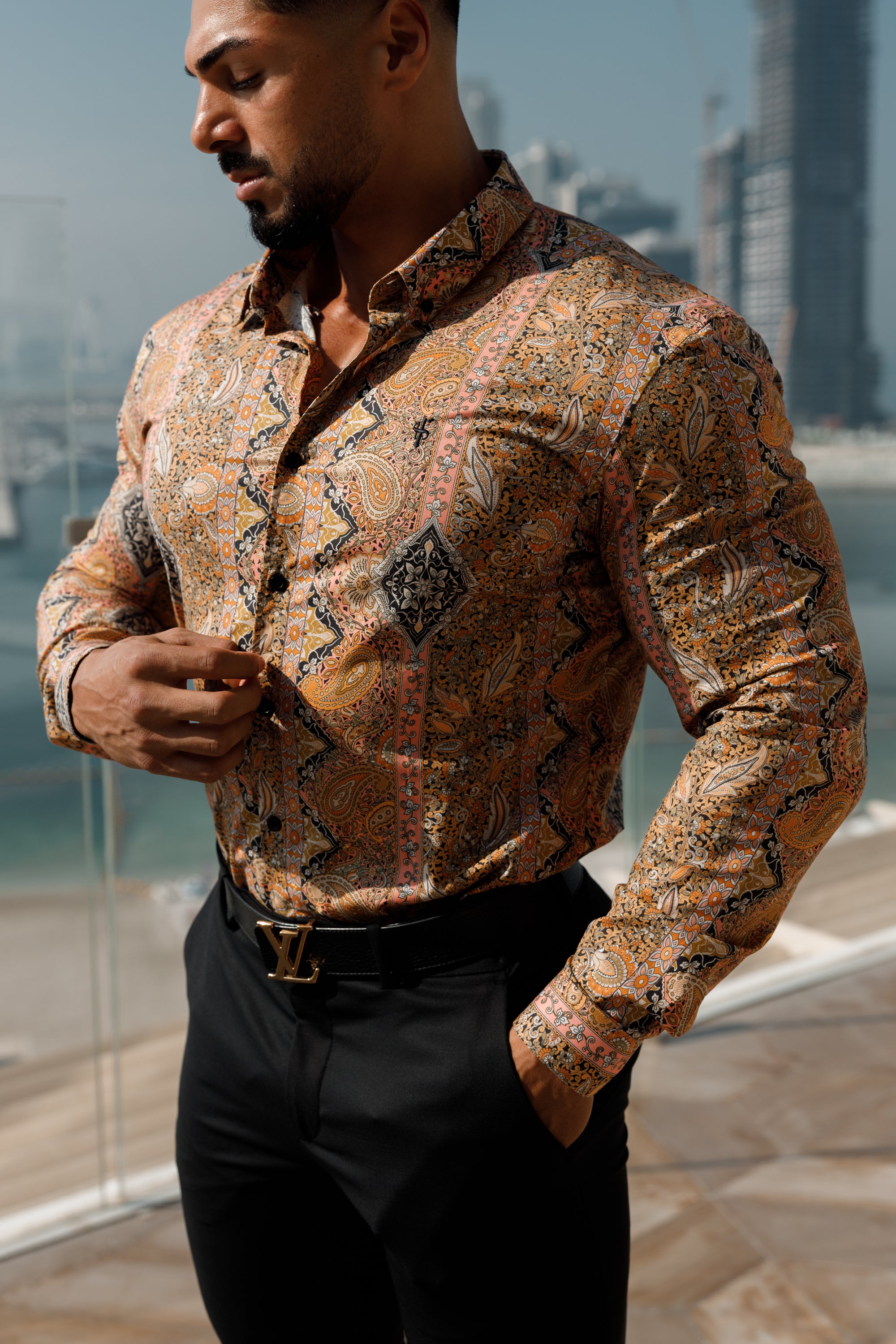 Super Slim Stretch Tan Paisley Print Long Sleeve with Button Down Collar - FS892