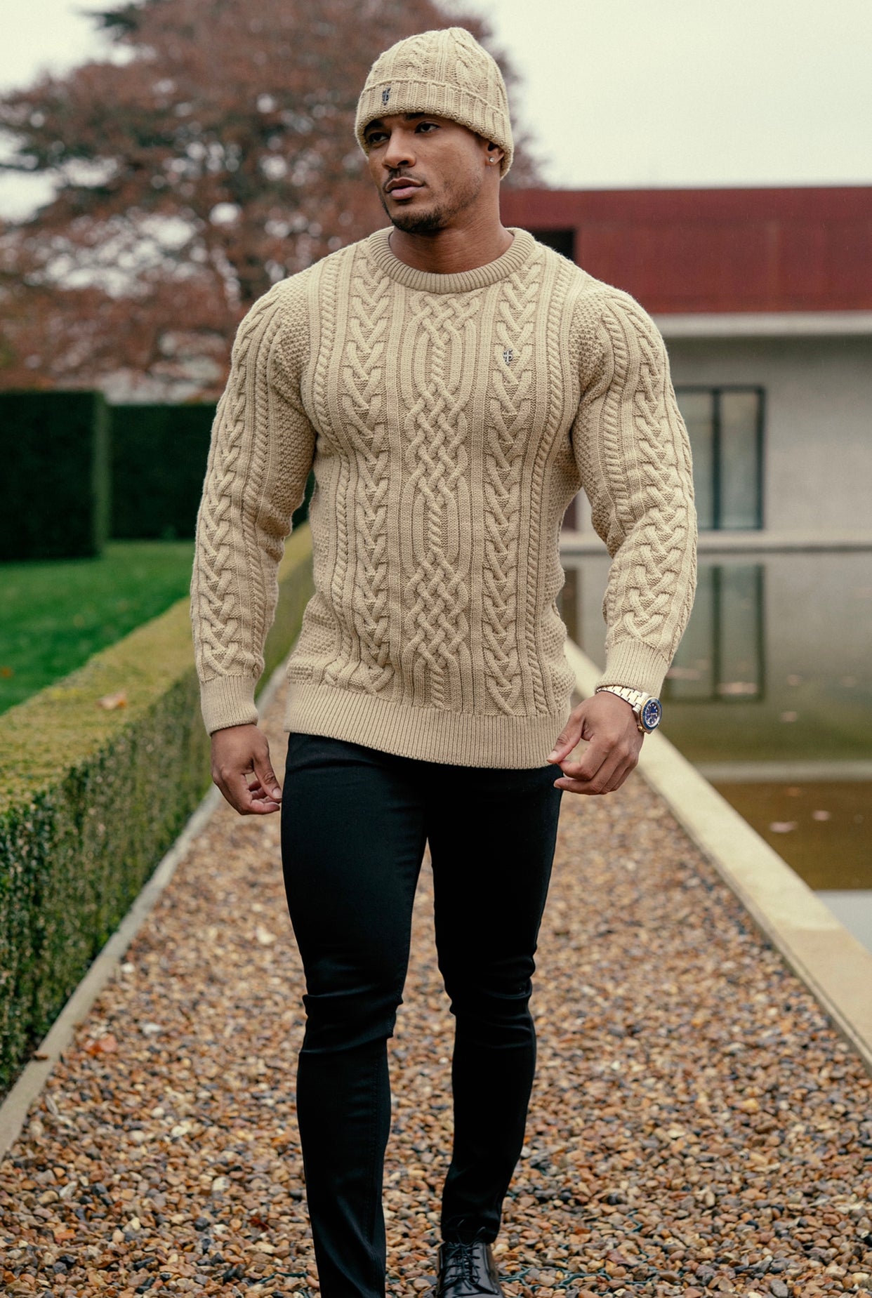 Oatmeal Twisted Braid Weave Super Slim Jumper With Gunmetal Decal - FSJ044