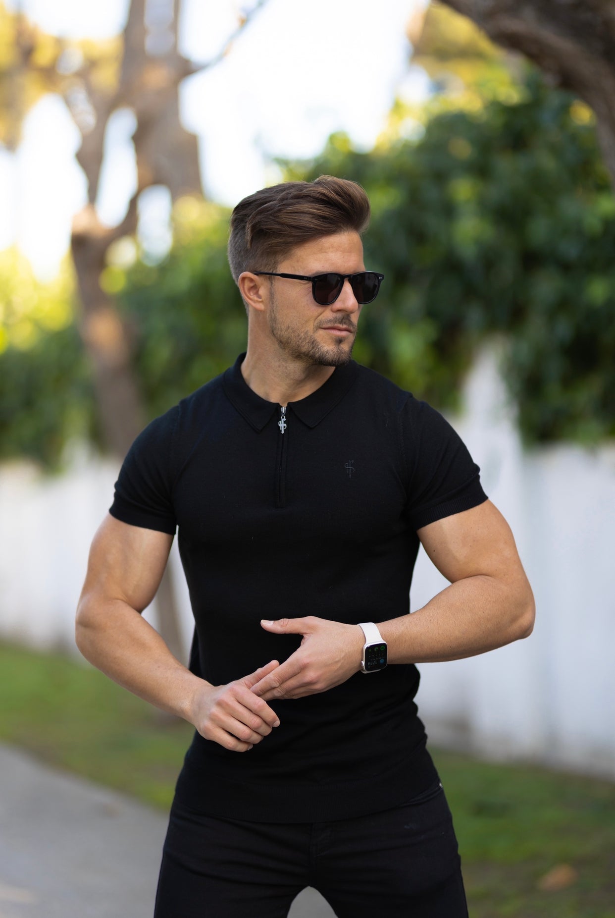 Classic Black Merino Wool Knitted Zip Polo Short Sleeve Jumper With FS Embroidery- FSN023