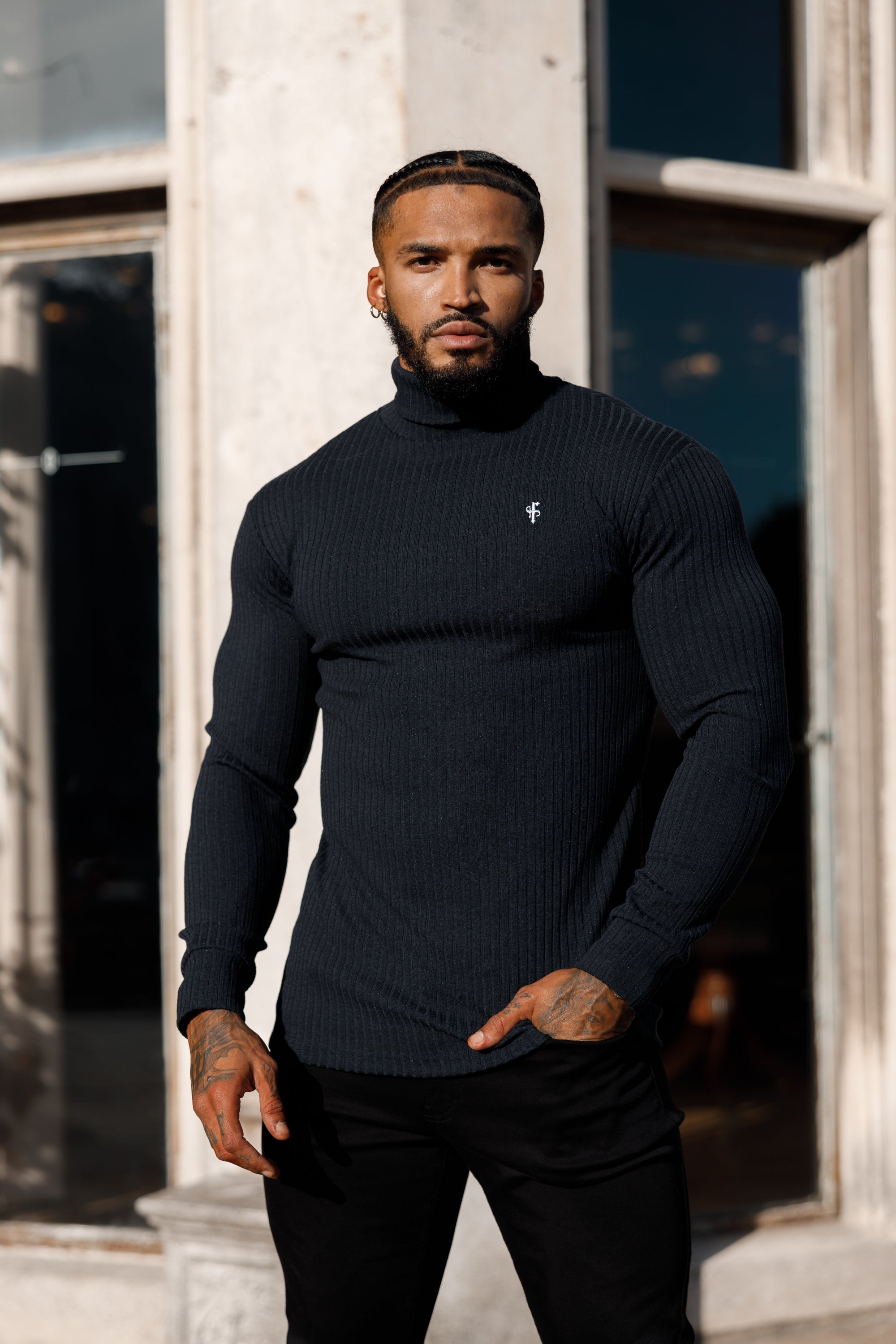 Classic Navy Ribbed Knit Roll neck Jumper - FSH778