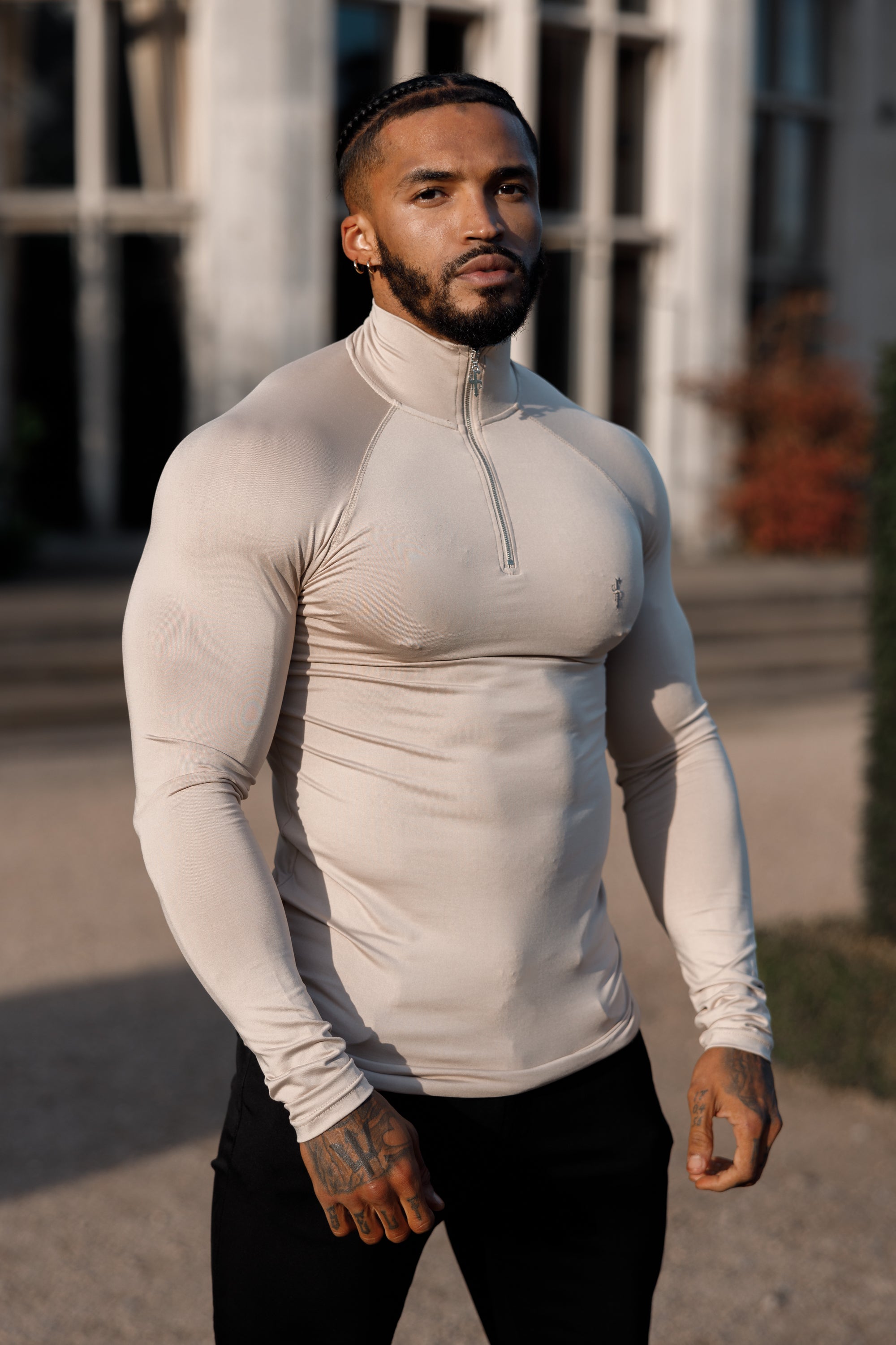 Long Sleeve Beige Half Zip Gym Top - FSH749