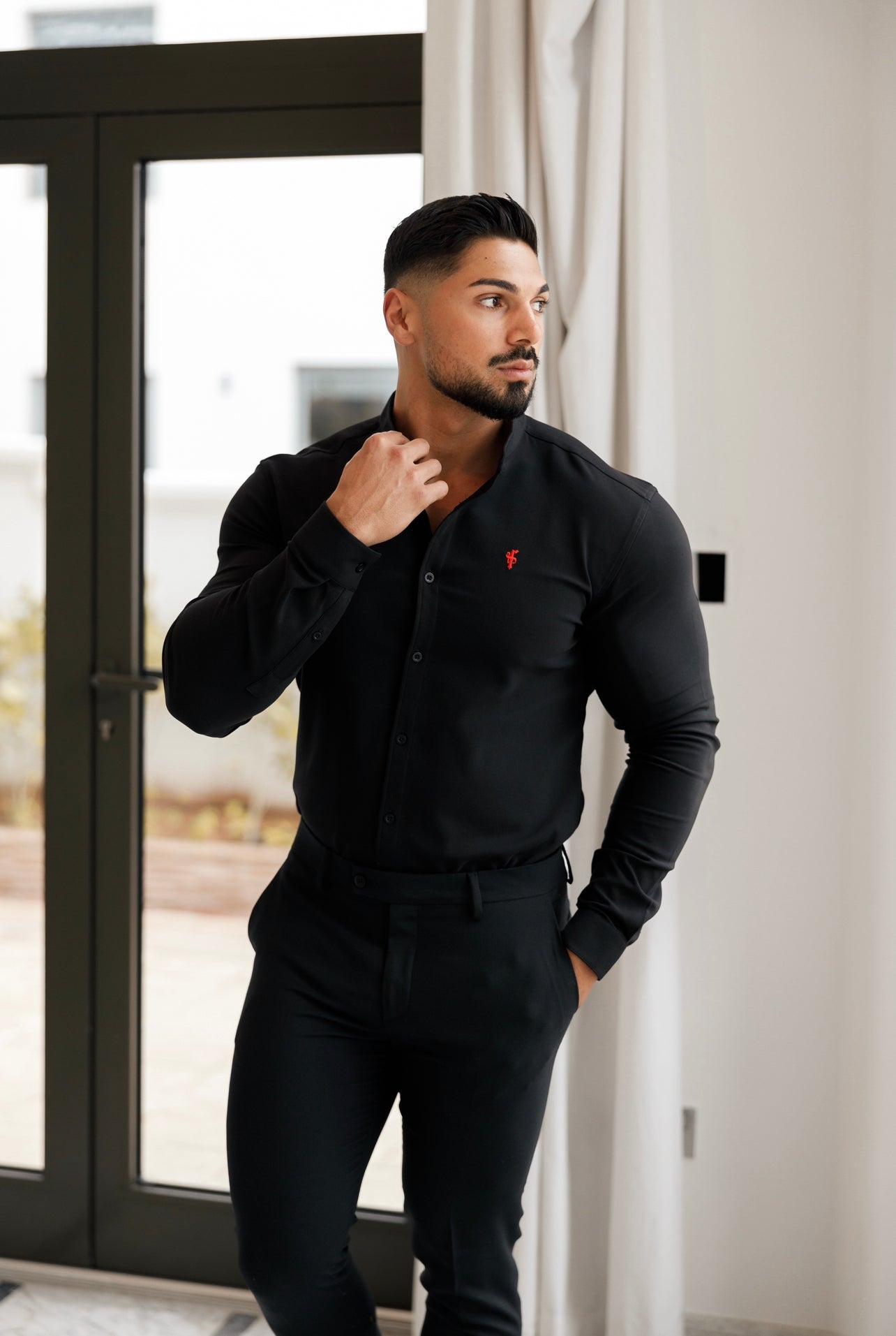Super Slim Scuba Black Long Sleeve Stretch With Grandad Collar - FS931