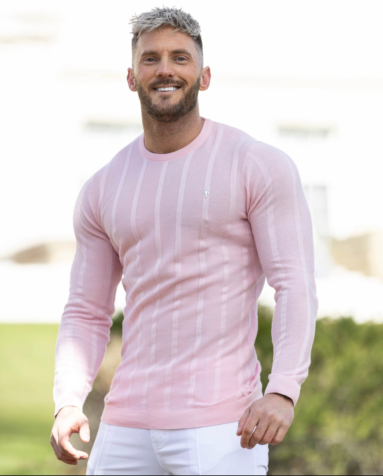 Classic Long Sleeve Baby Pink Knitted Wide Rib Crew with Silver Emblem - FSH736