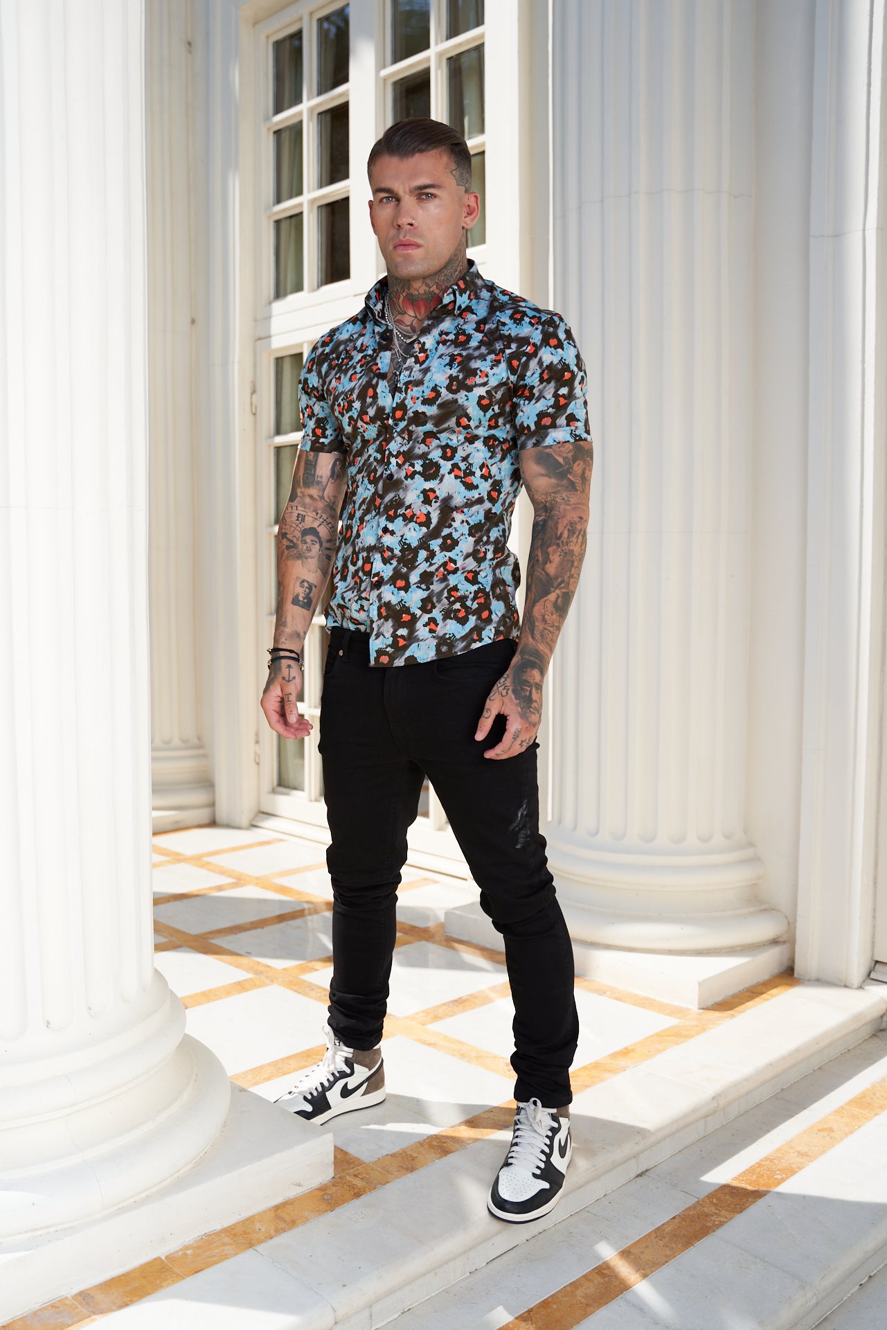 Super Slim Stretch Multi Colour Abstract Leopard Print Short Sleeve with Button Down Collar - FS790