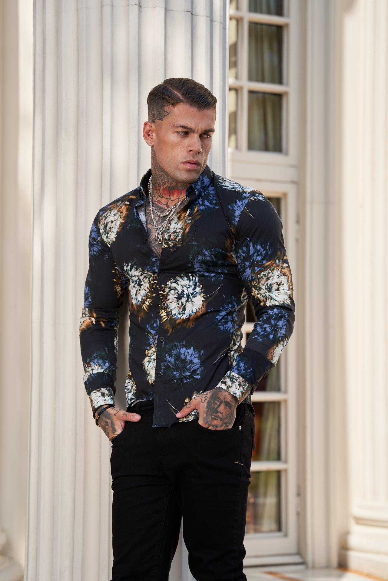 Super Slim Stretch Black Base Blurred Flower Print Long Sleeve with Button Down Collar - FS800