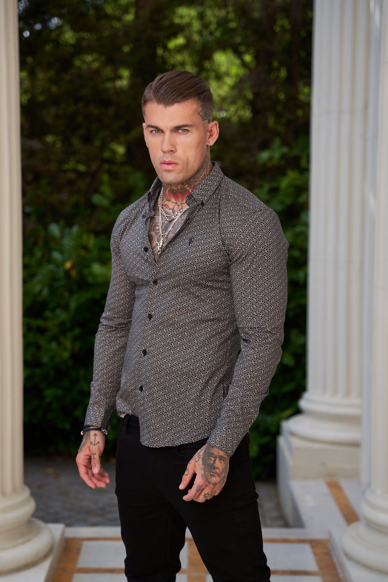 Super Slim Stretch Black and Off White Abstract Print Long Sleeve with Button Down Collar - FS786