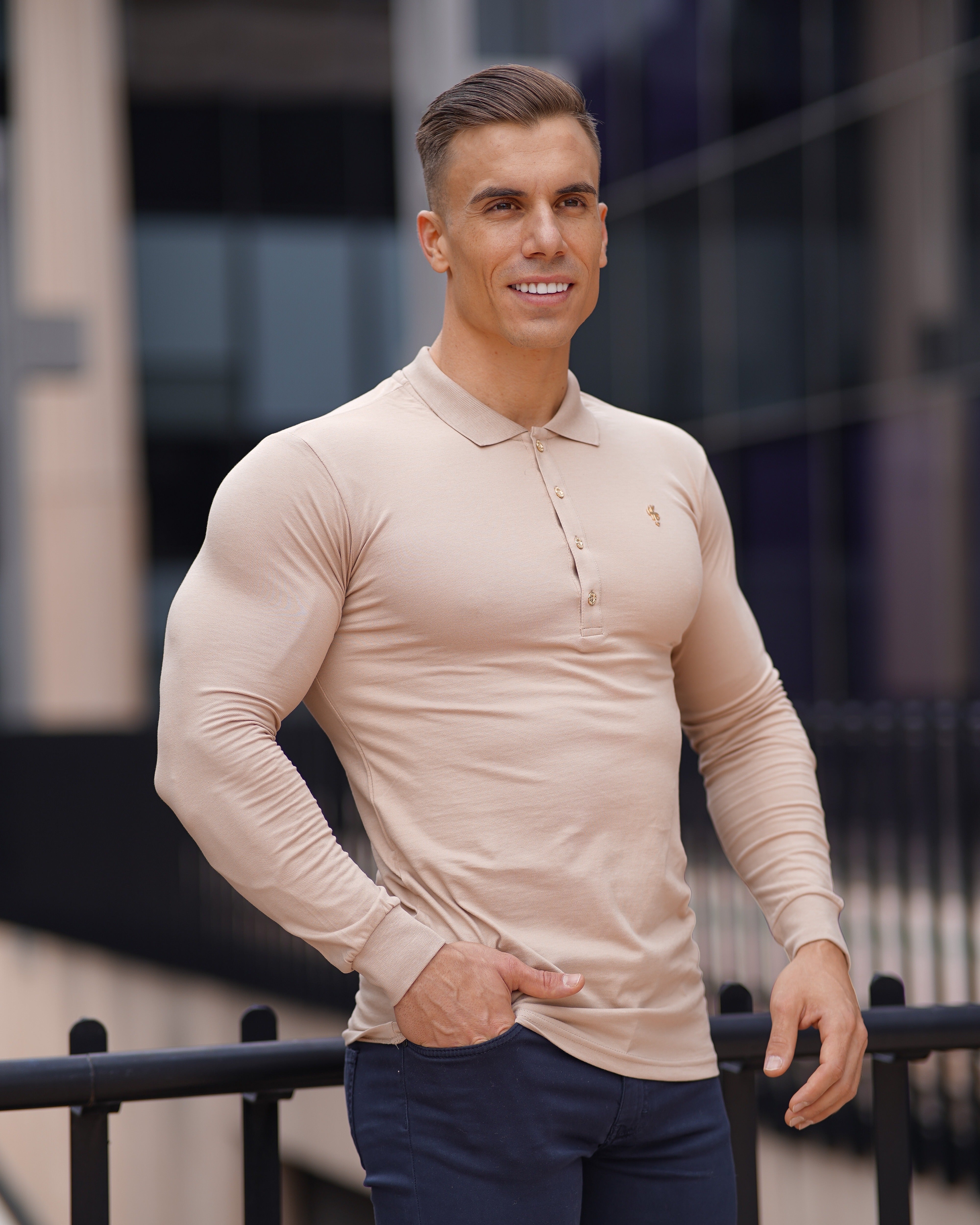 Classic Beige Long Polo Shirt with Gold Metal Emblem Decal & Buttons - FSH518