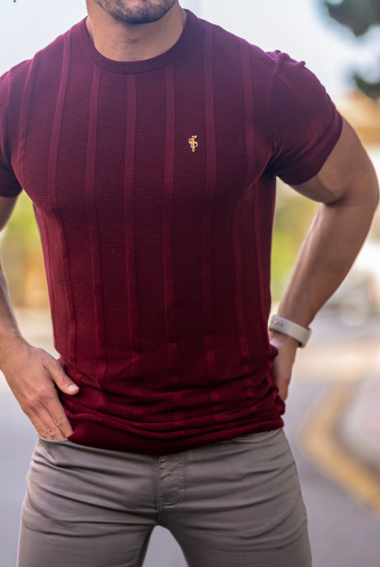 Classic Short Sleeve Burgundy Knitted Wide Rib Crew with Gold Emblem - FSH563