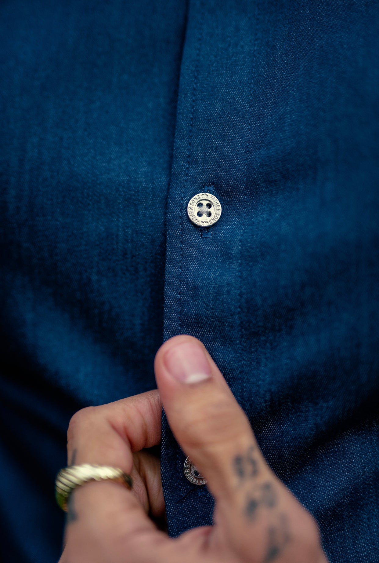 Super Slim Stretch Aegean Blue Denim Short Sleeve Grandad Collar with Metal Buttons and Decal Emblem - FS776