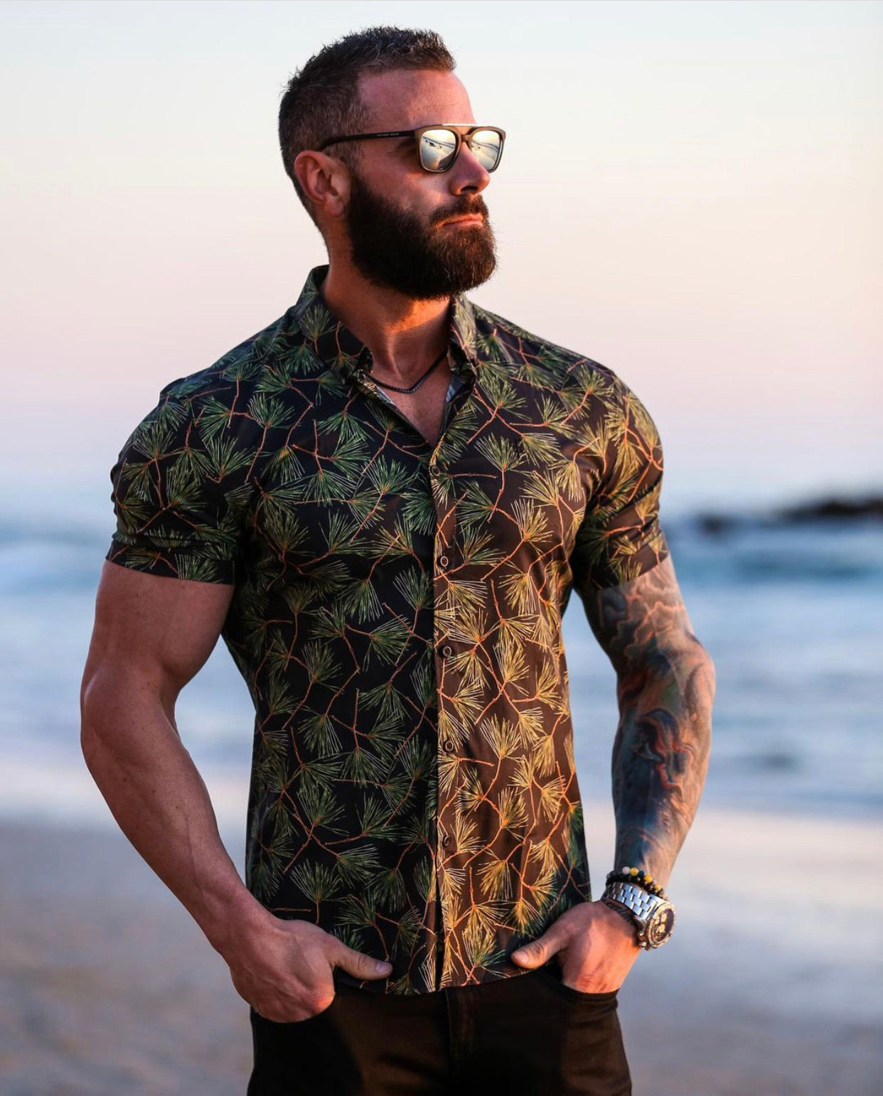 Super Slim Stretch Black Base With Palm Tree Print Short Sleeve Button Down - FS586