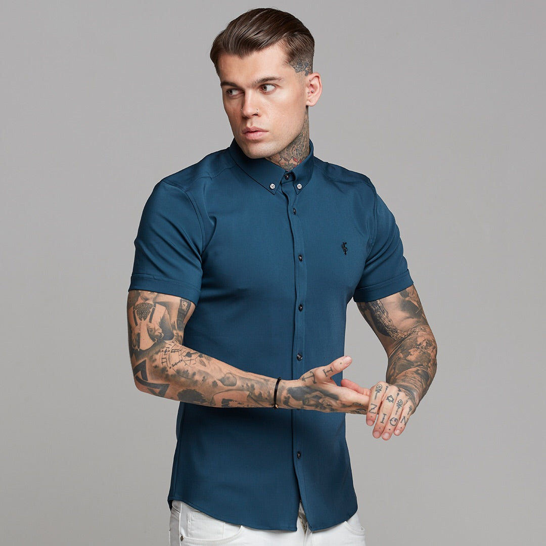 Super Slim Ultra Stretch Classic Teal Short Sleeve (Charcoal Buttons) - FS485