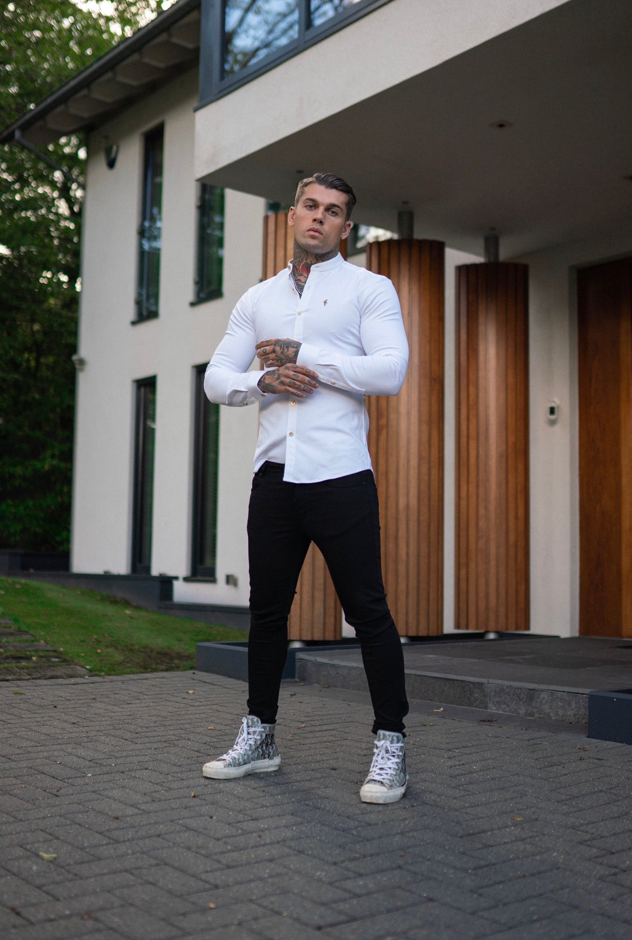 Super Slim Stretch White Denim Long Sleeve Grandad collar with Metal Buttons and Decal Emblem - FS719